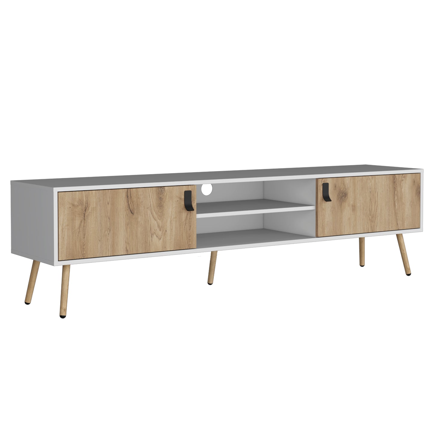 Modern white media console with two woodgrain cabinet doors and open shelving