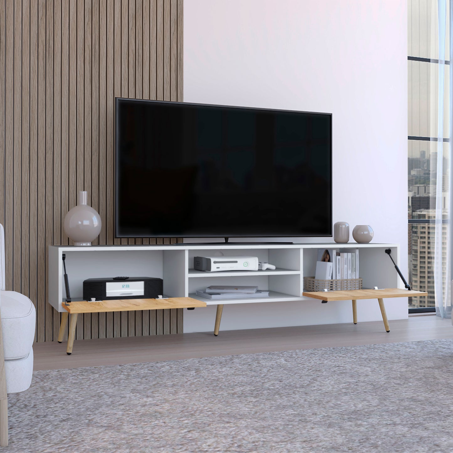 Modern white media console with wood accents and integrated TV stand