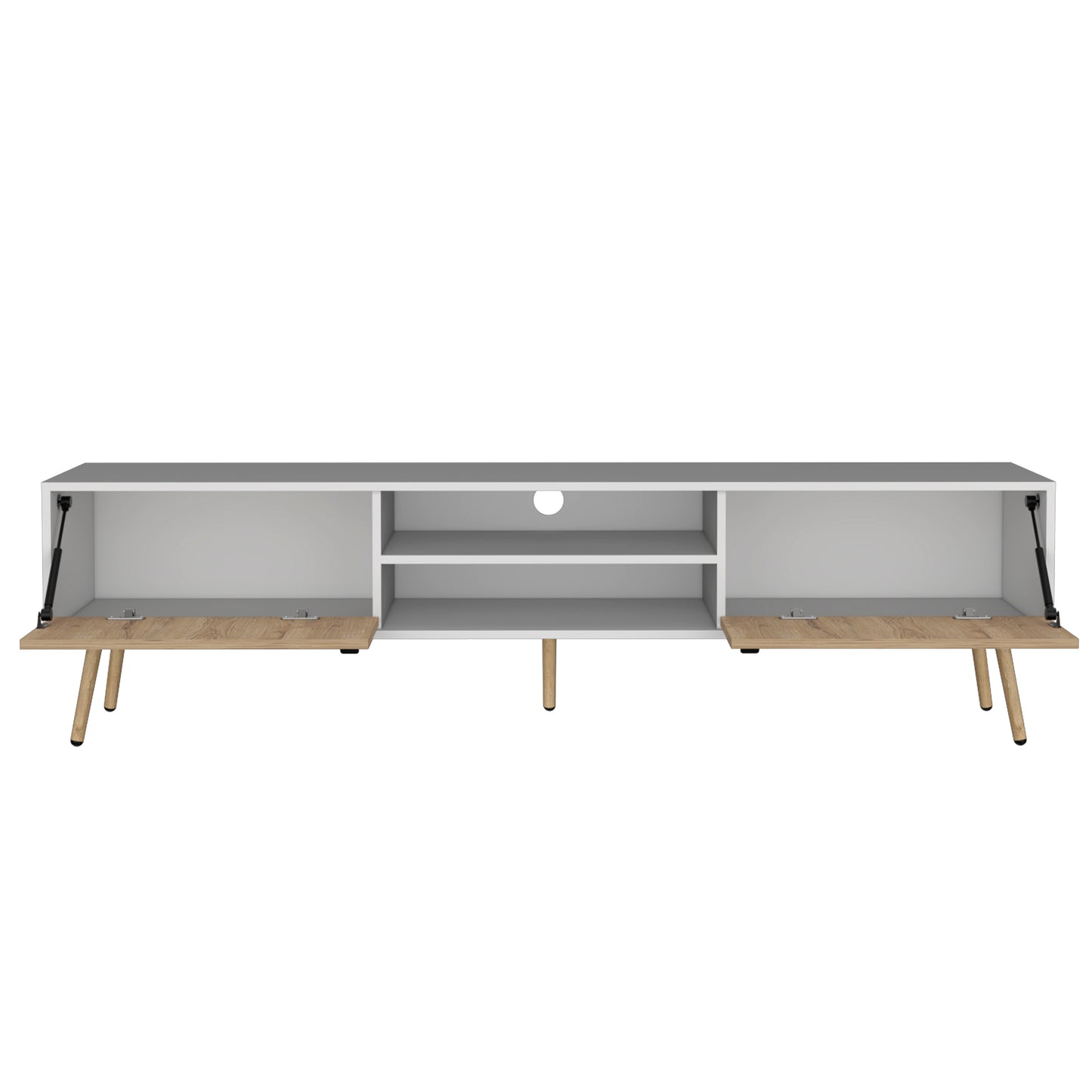 Modern white TV stand with open shelving and two woodgrain flipdown doors on angled legs