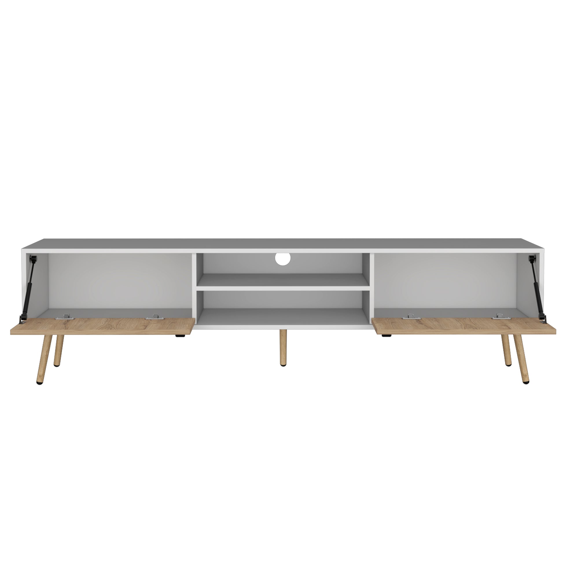 Modern white TV stand with open shelving and two woodgrain flipdown doors on angled legs