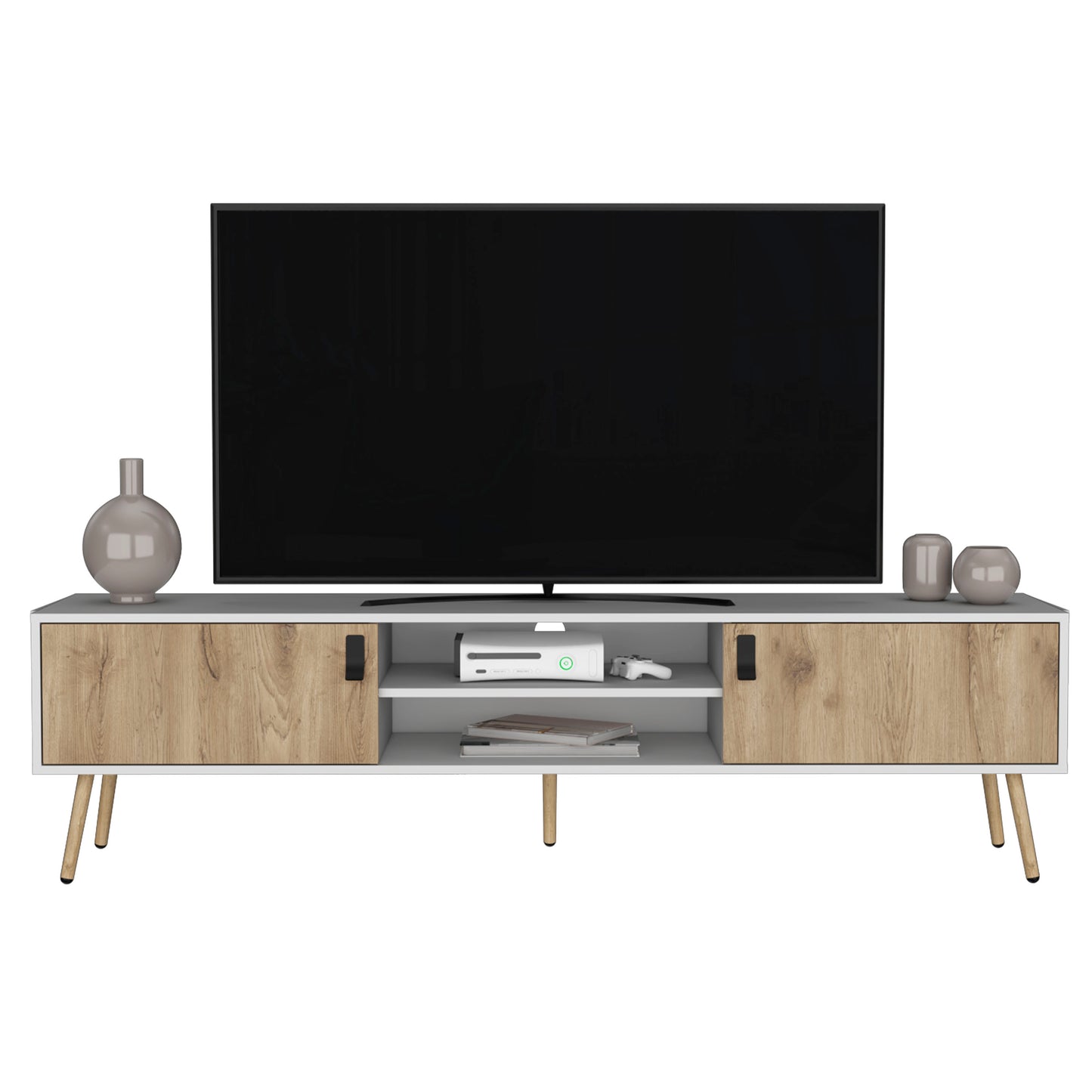 Modern white and wood grain media console with sliding doors