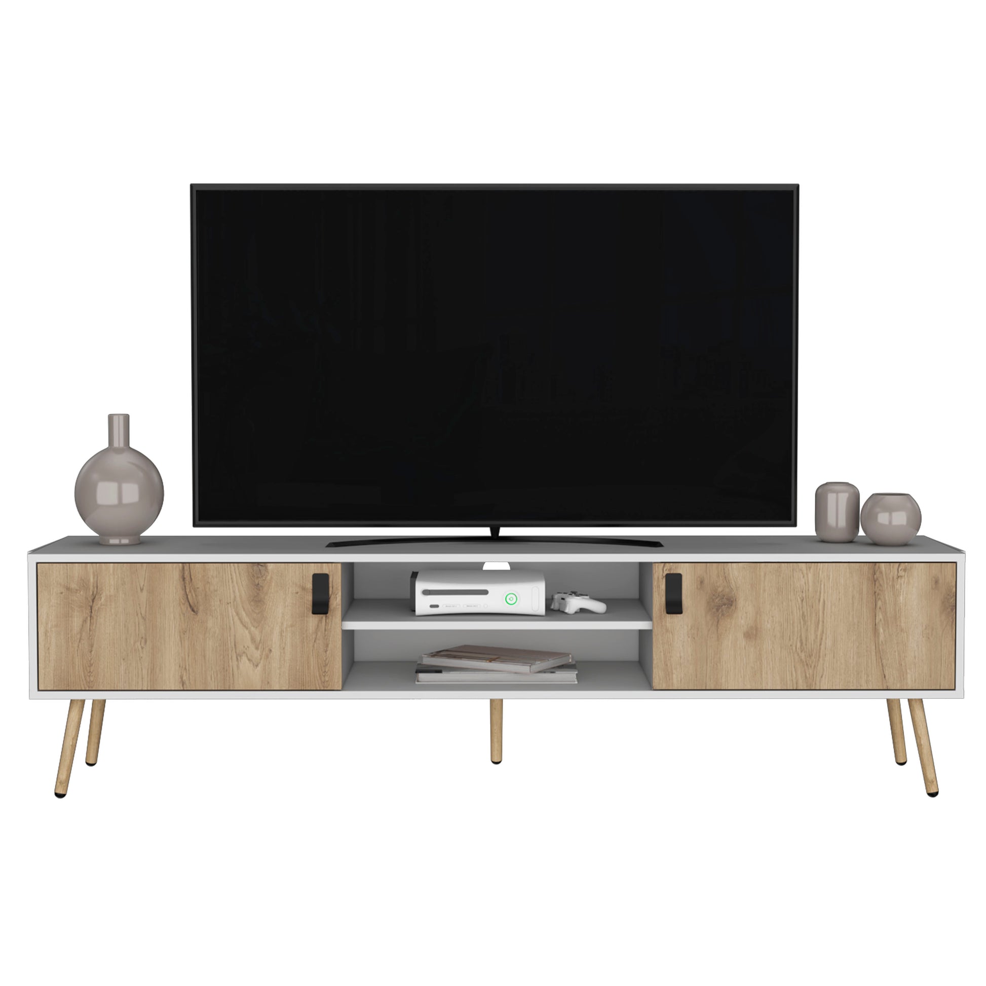 Modern white and wood grain media console with sliding doors