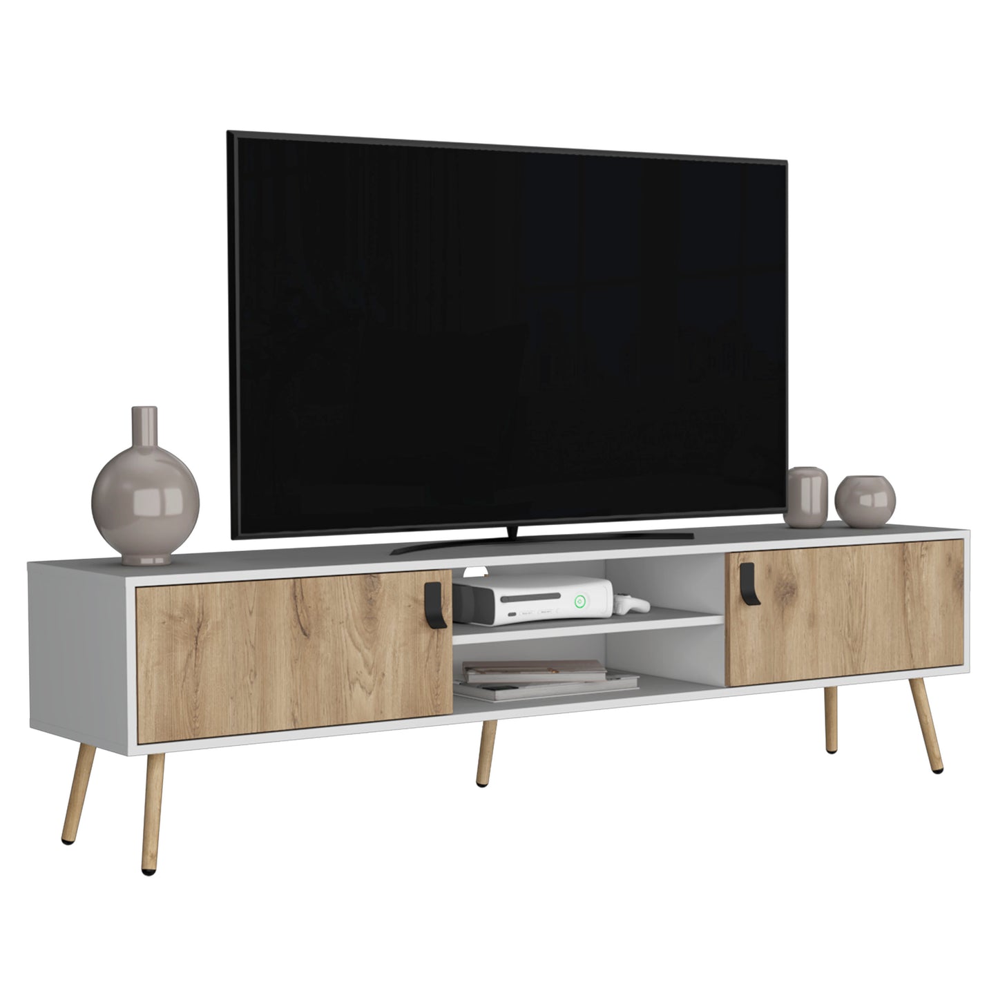 Modern white and wood TV stand with open shelves and cabinet doors supporting a large TV