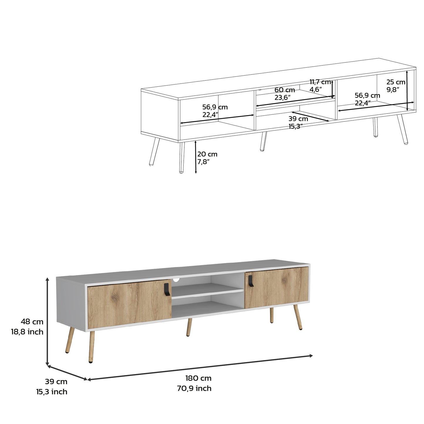 White and wood grain TV stand with two cabinets and open shelving midcentury modern design