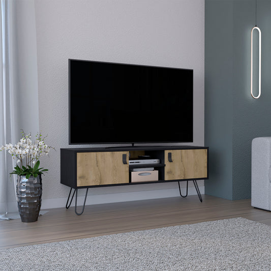 Black media console with natural wood veneer doors and hairpin legs