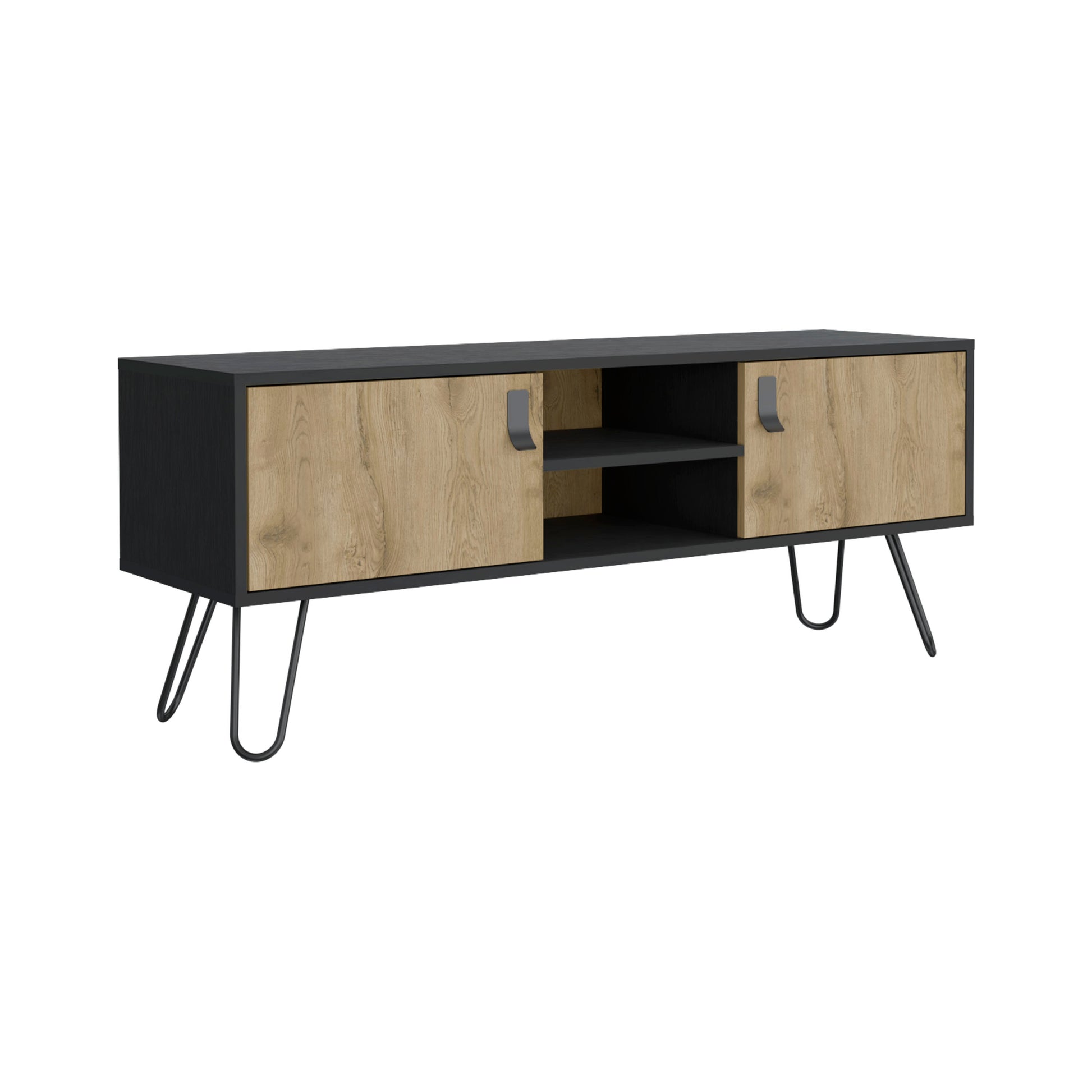 Black and oak media console with open shelving and hairpin legs for living room storage