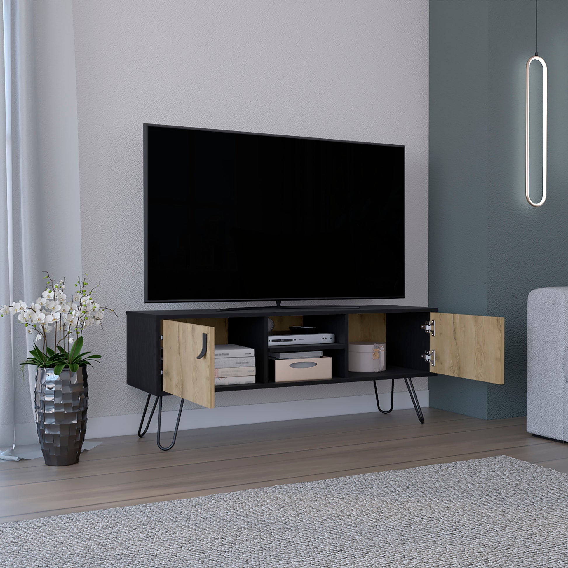 Black and oak TV stand with hairpin legs and open shelving