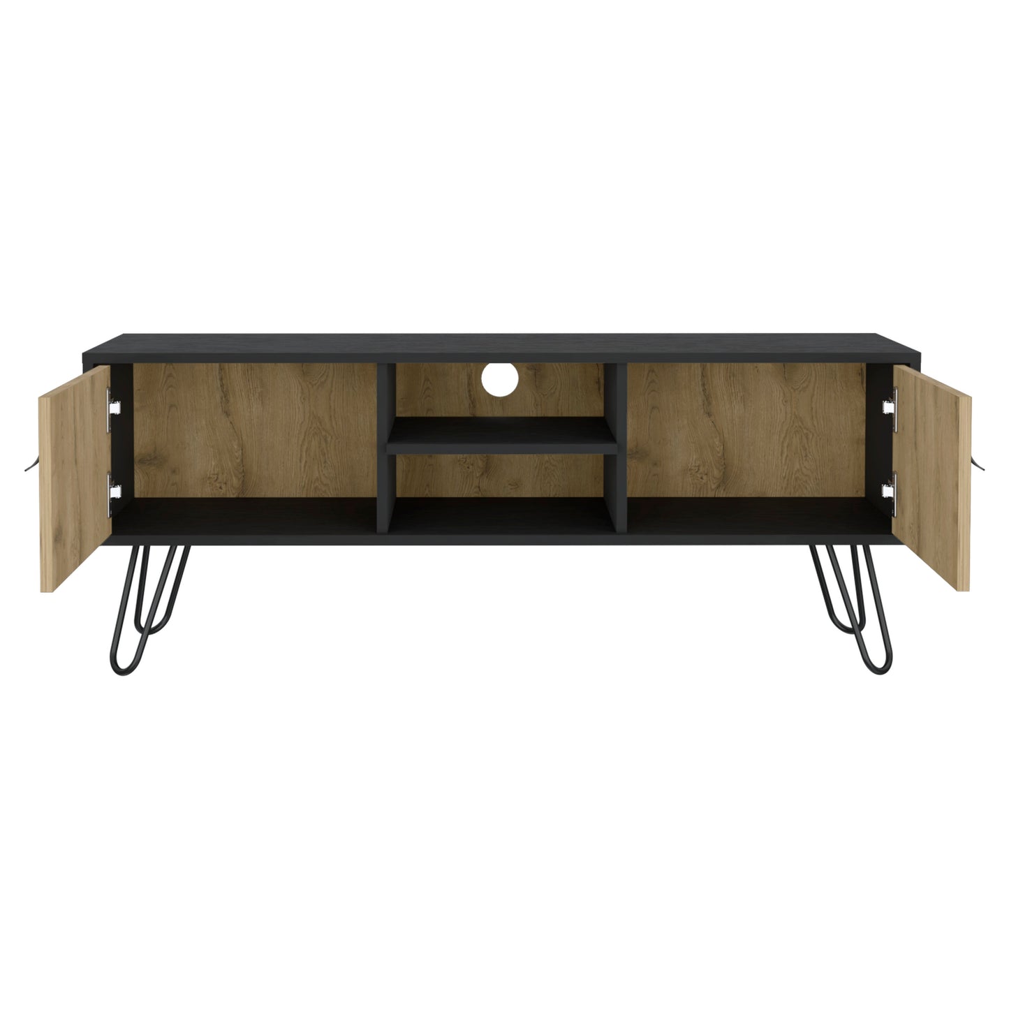 Black and oak media console with open doors and hairpin legs for TV setup