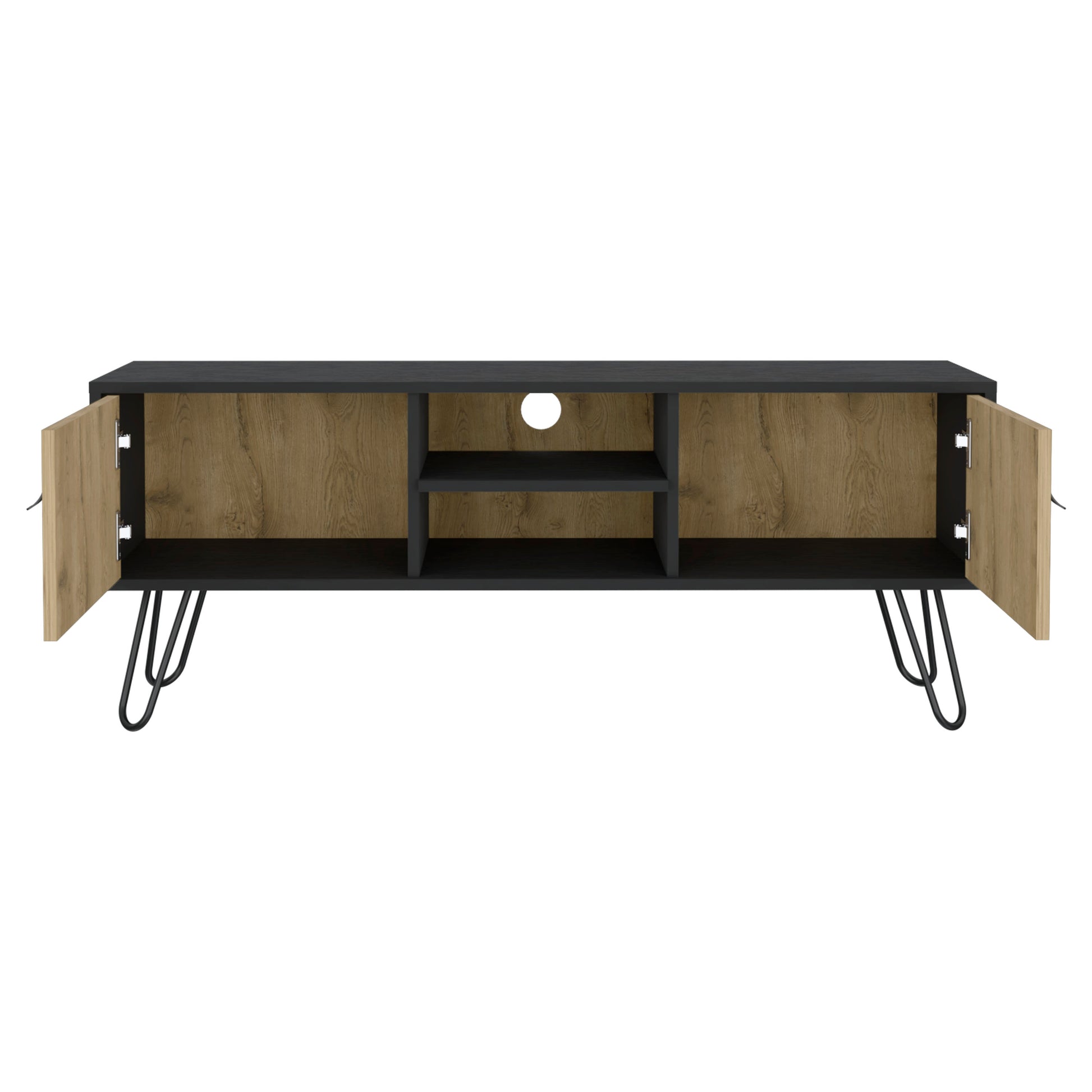 Black and oak media console with open doors and hairpin legs for TV setup
