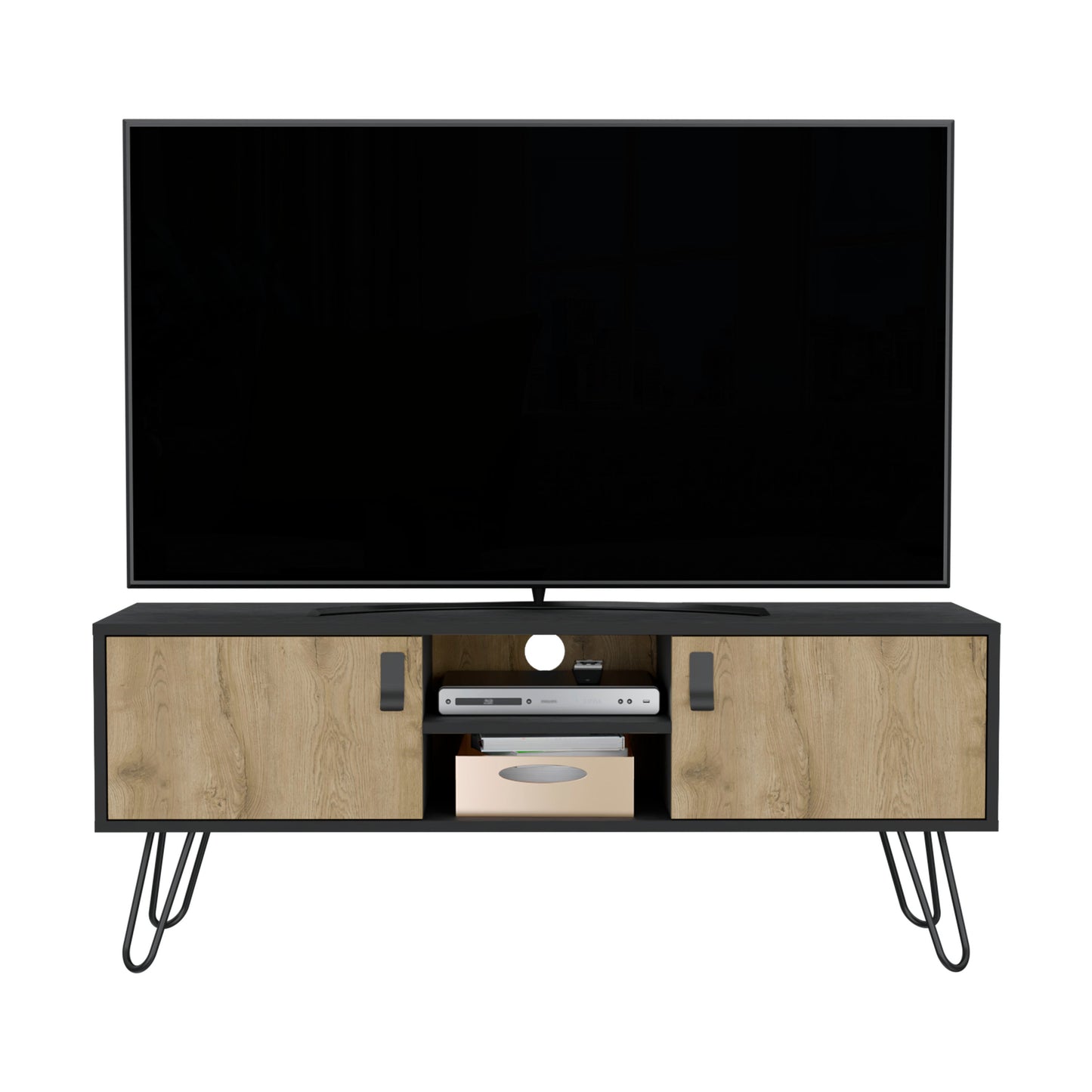 Black and wood grain TV stand with hairpin legs and modern design