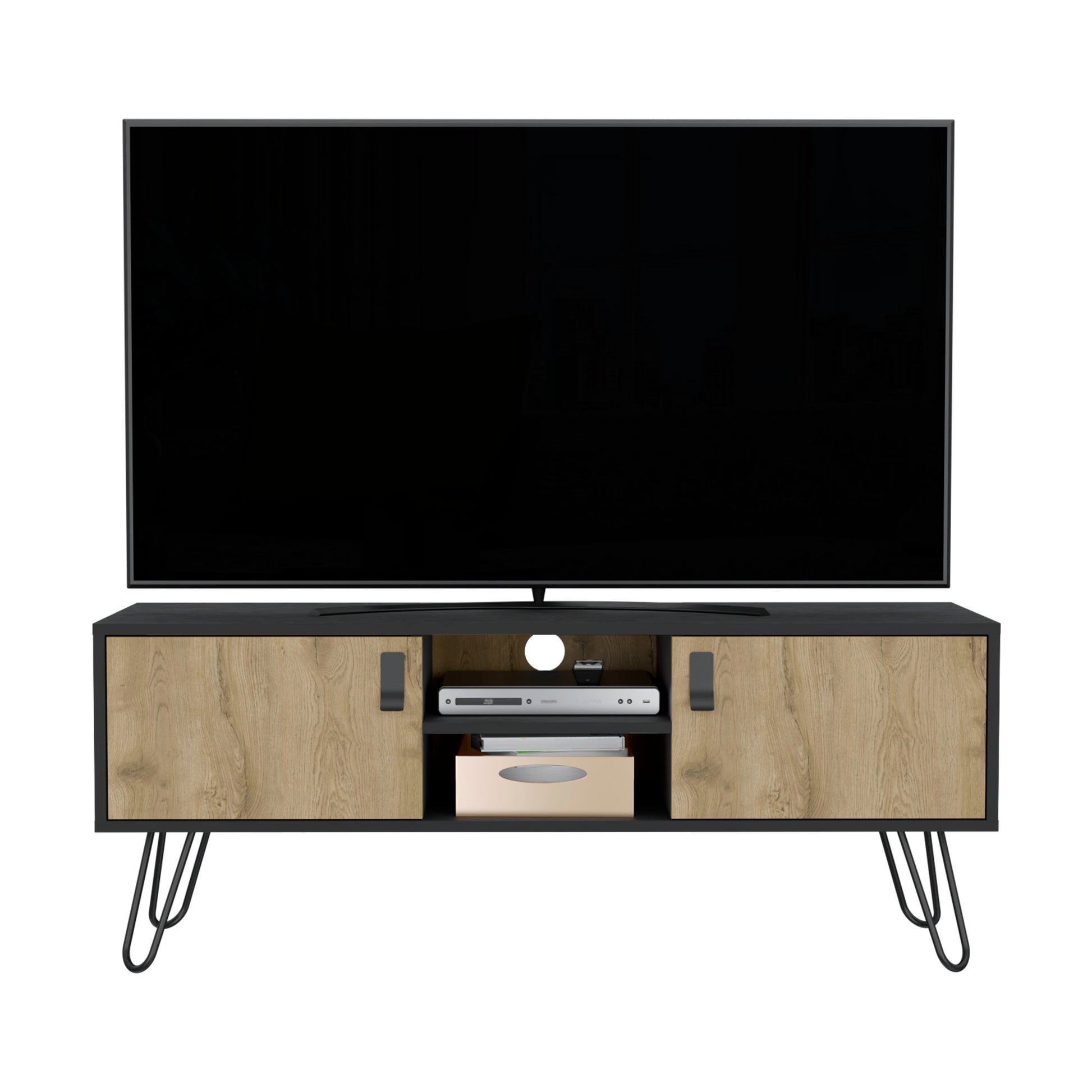 Black and wood grain TV stand with hairpin legs and modern design