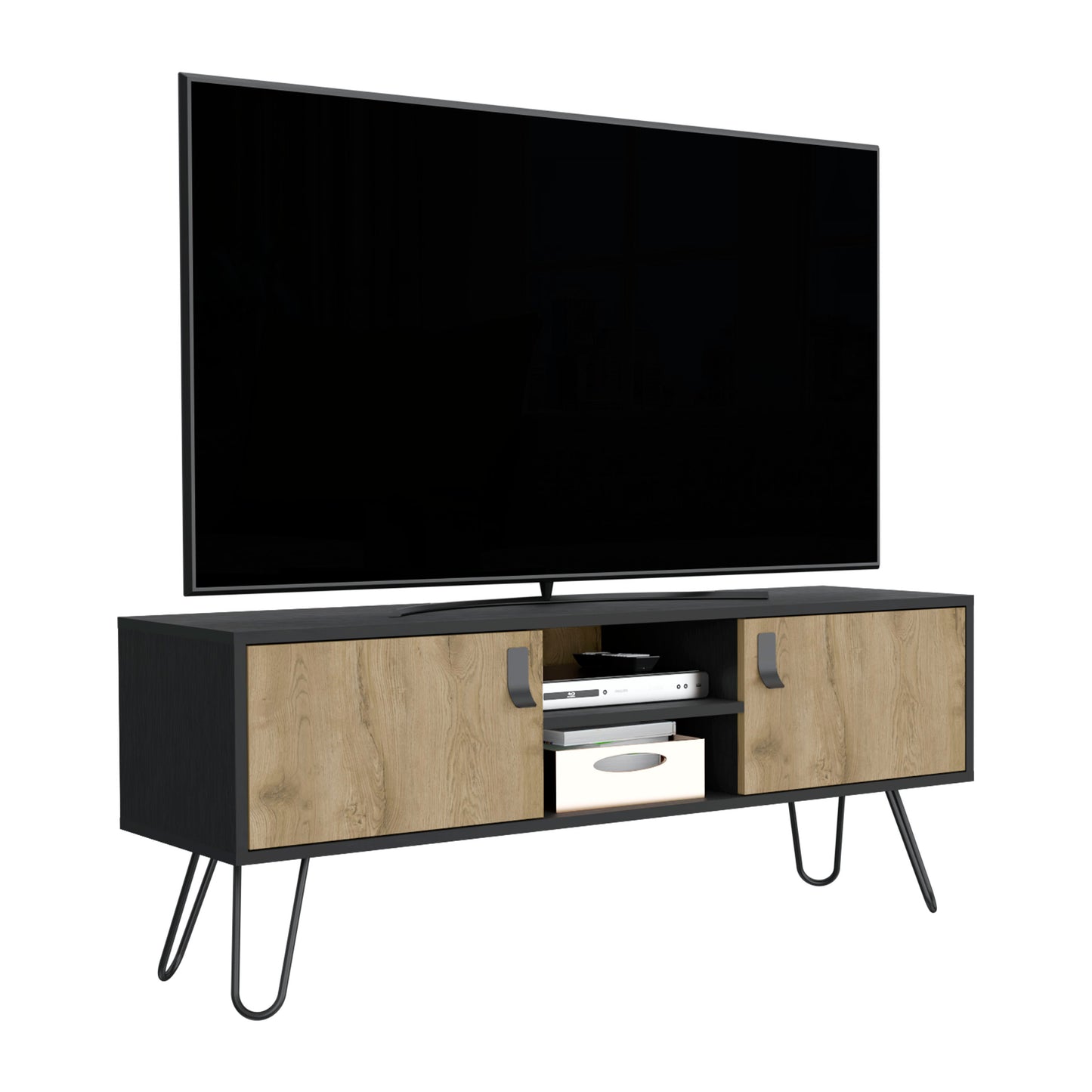 Modern black and wood grain TV stand with hairpin legs and media console storage