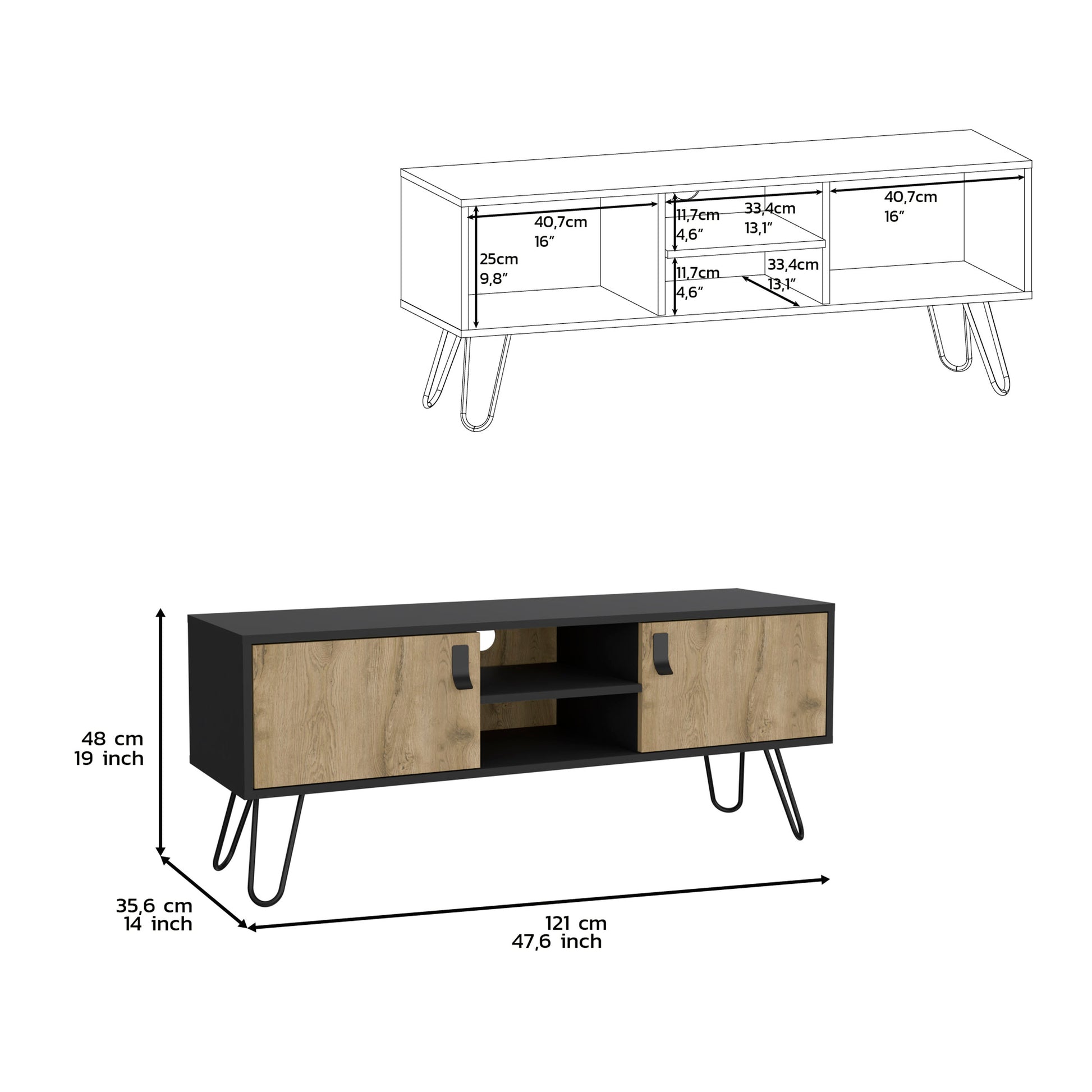 Black and wood grain media console with hairpin legs two doors and open shelves