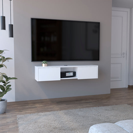 White floating media console with open shelf for electronics  chars