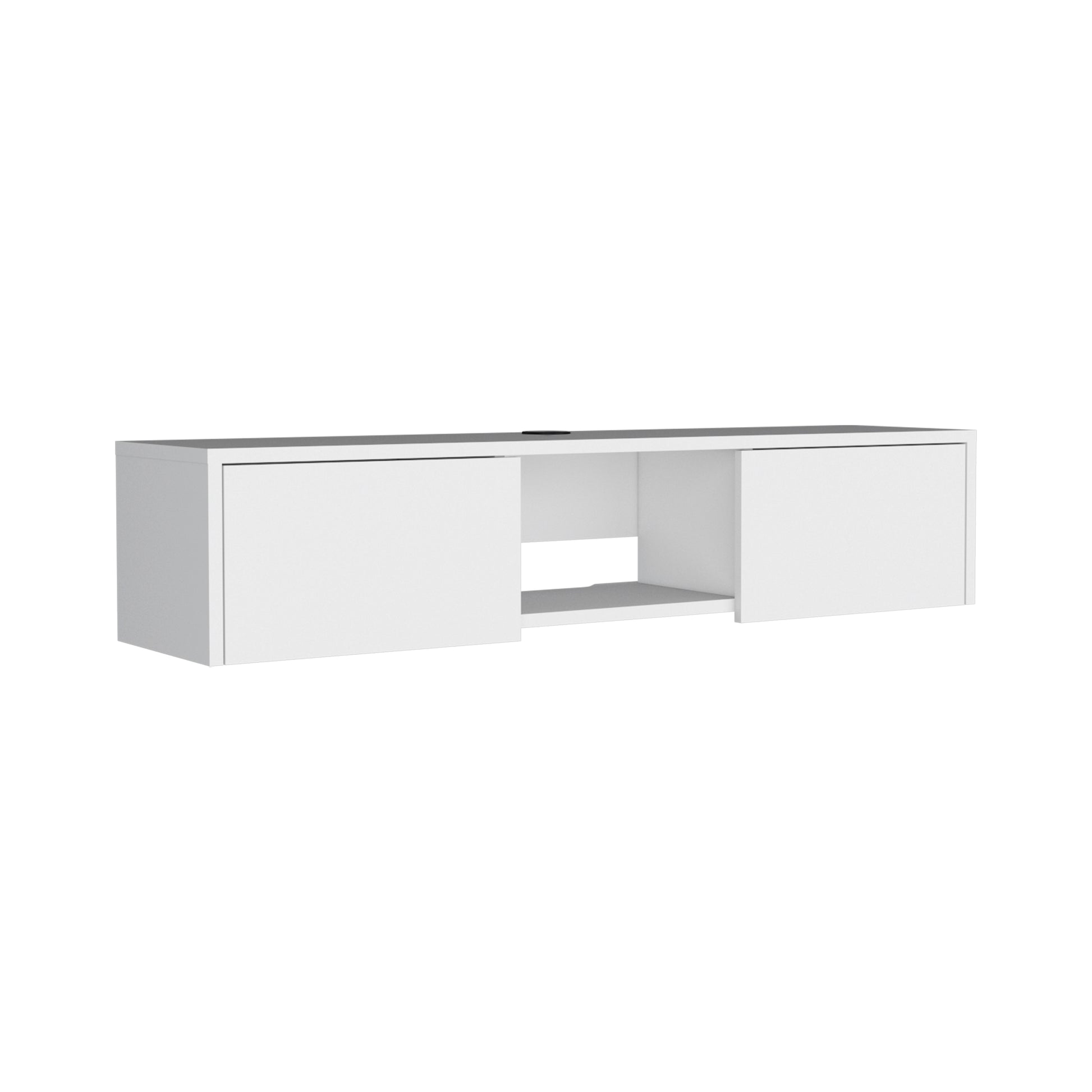 Modern floating media console in white with two cabinet doors and open shelving
