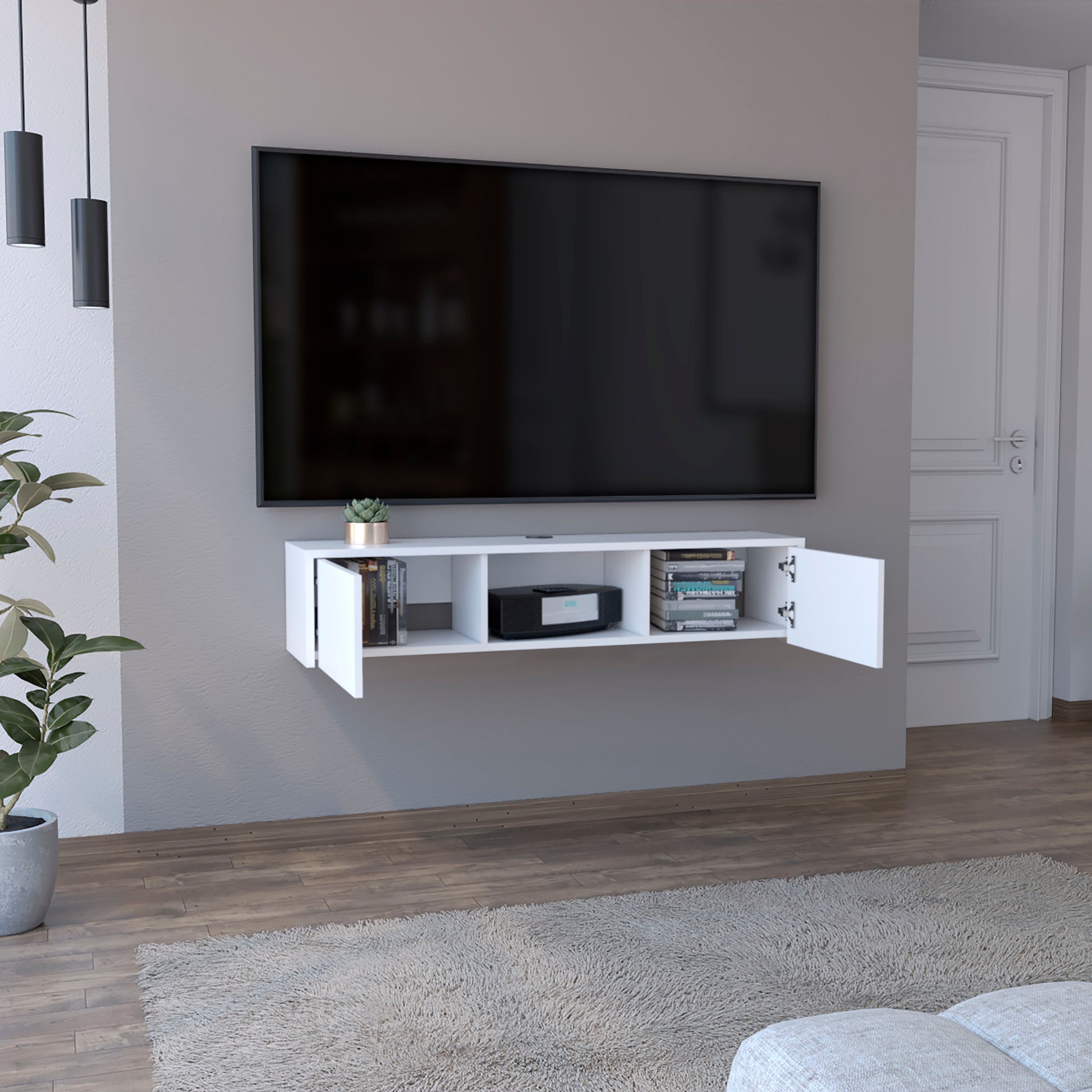 White floating media console with open shelves and doors perfect for modern living rooms
