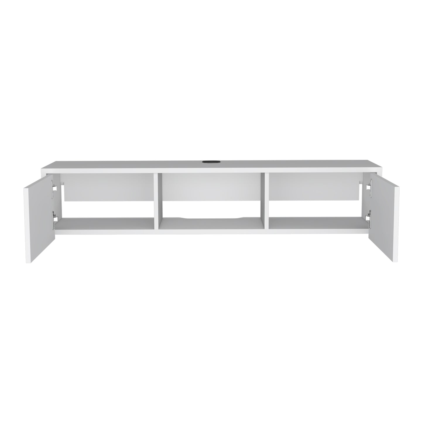 White modern floating media console with open shelving and two doors