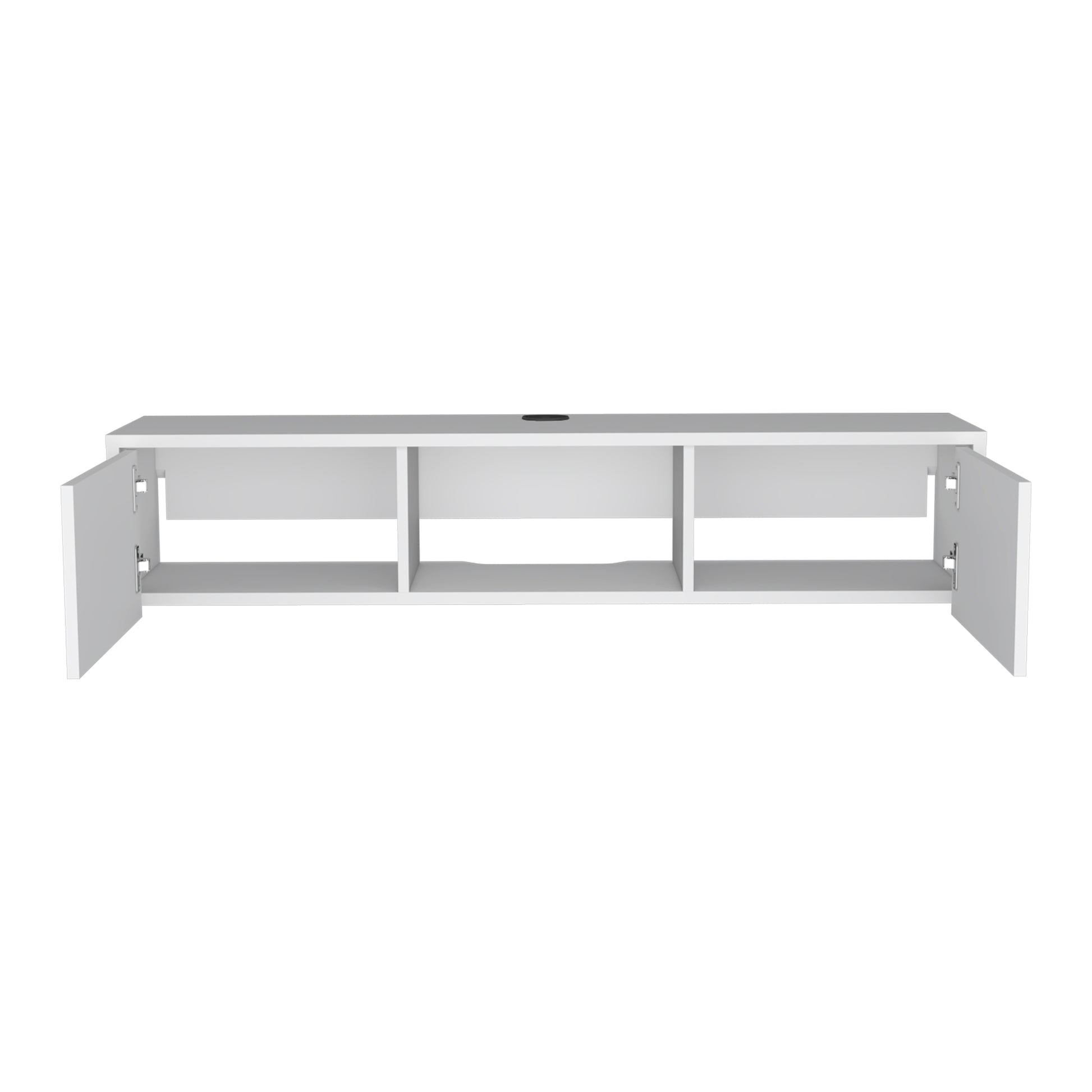 White modern floating media console with open shelving and two doors