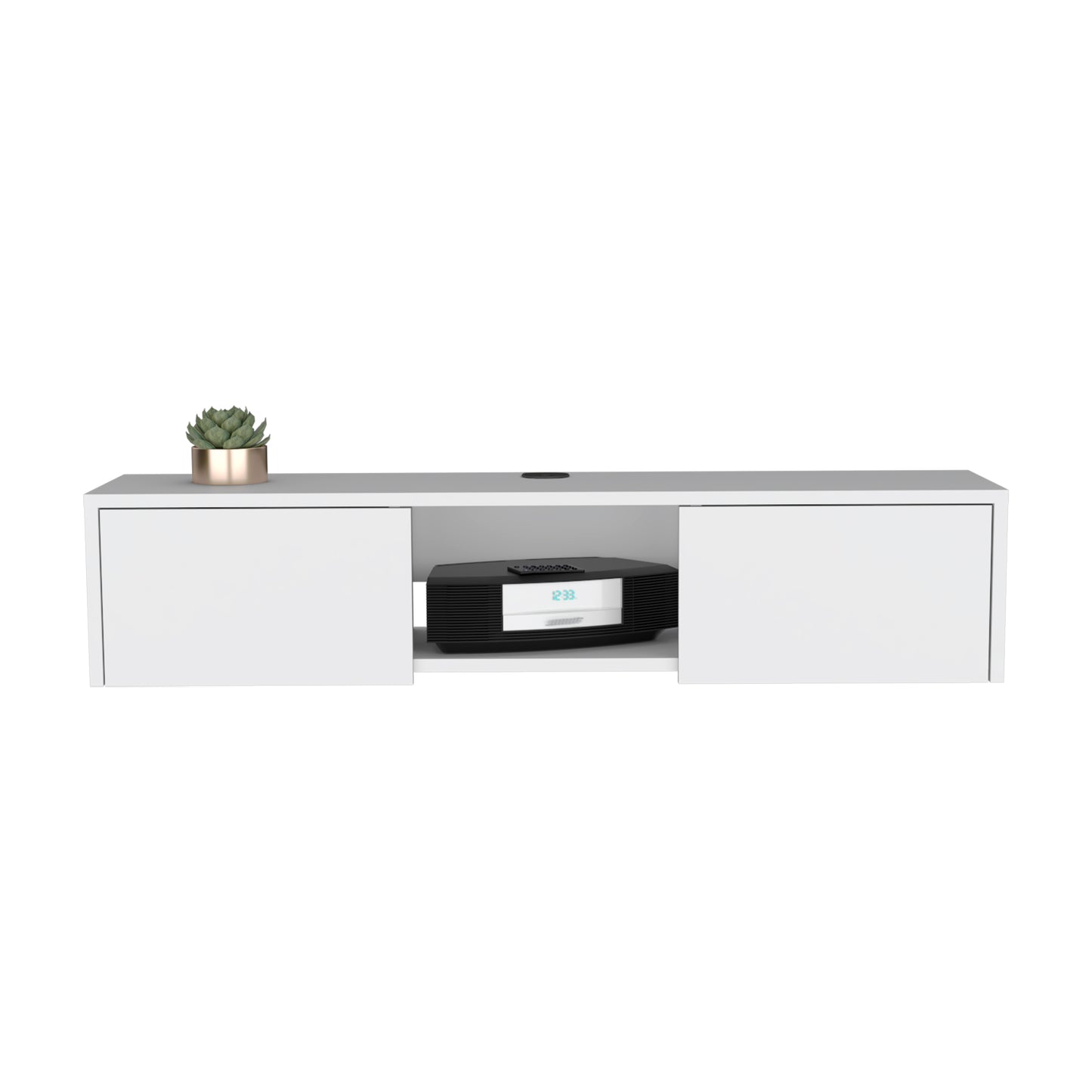 White modern media console with open shelf and closed cabinets featuring a small succulent plant