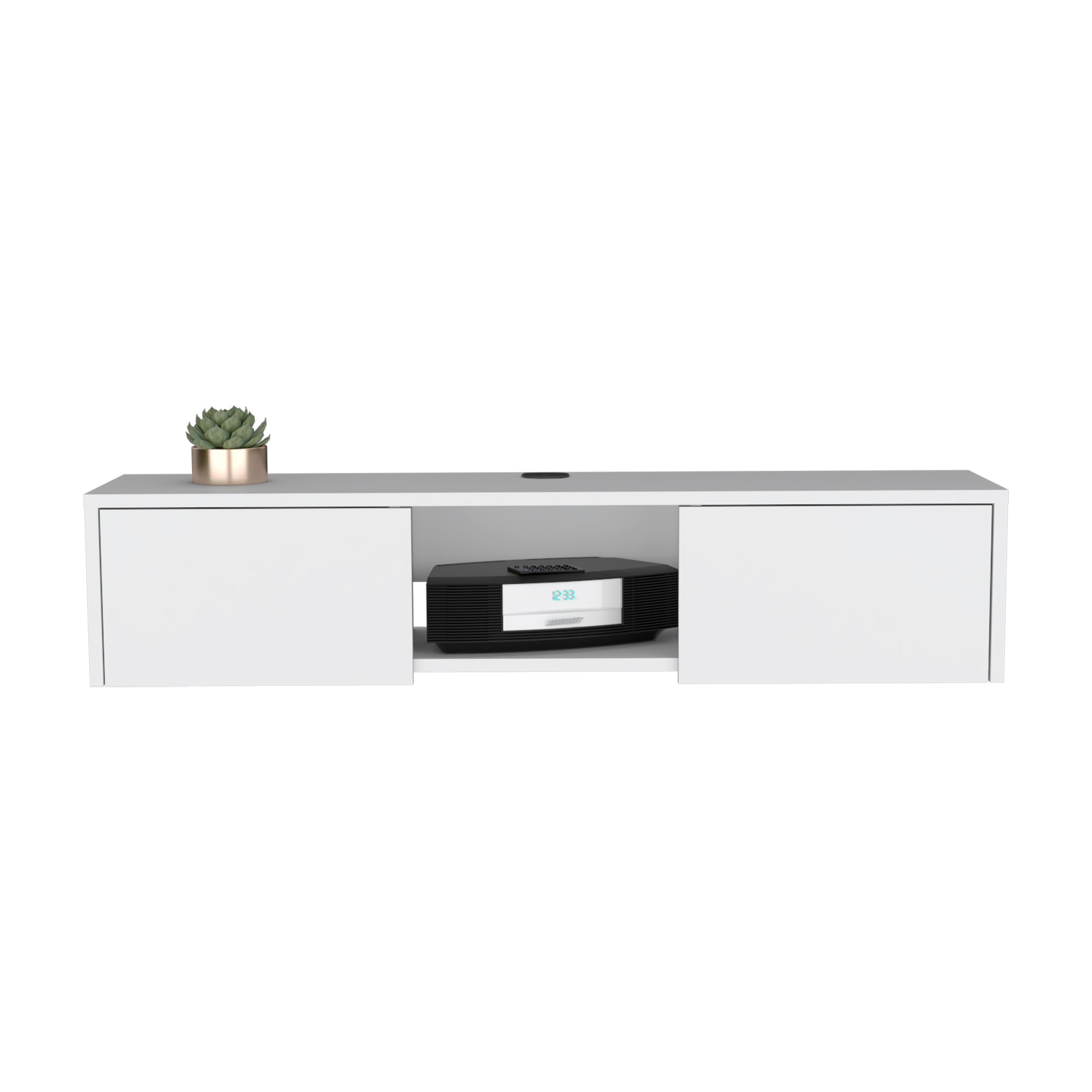 White modern media console with open shelf and closed cabinets featuring a small succulent plant