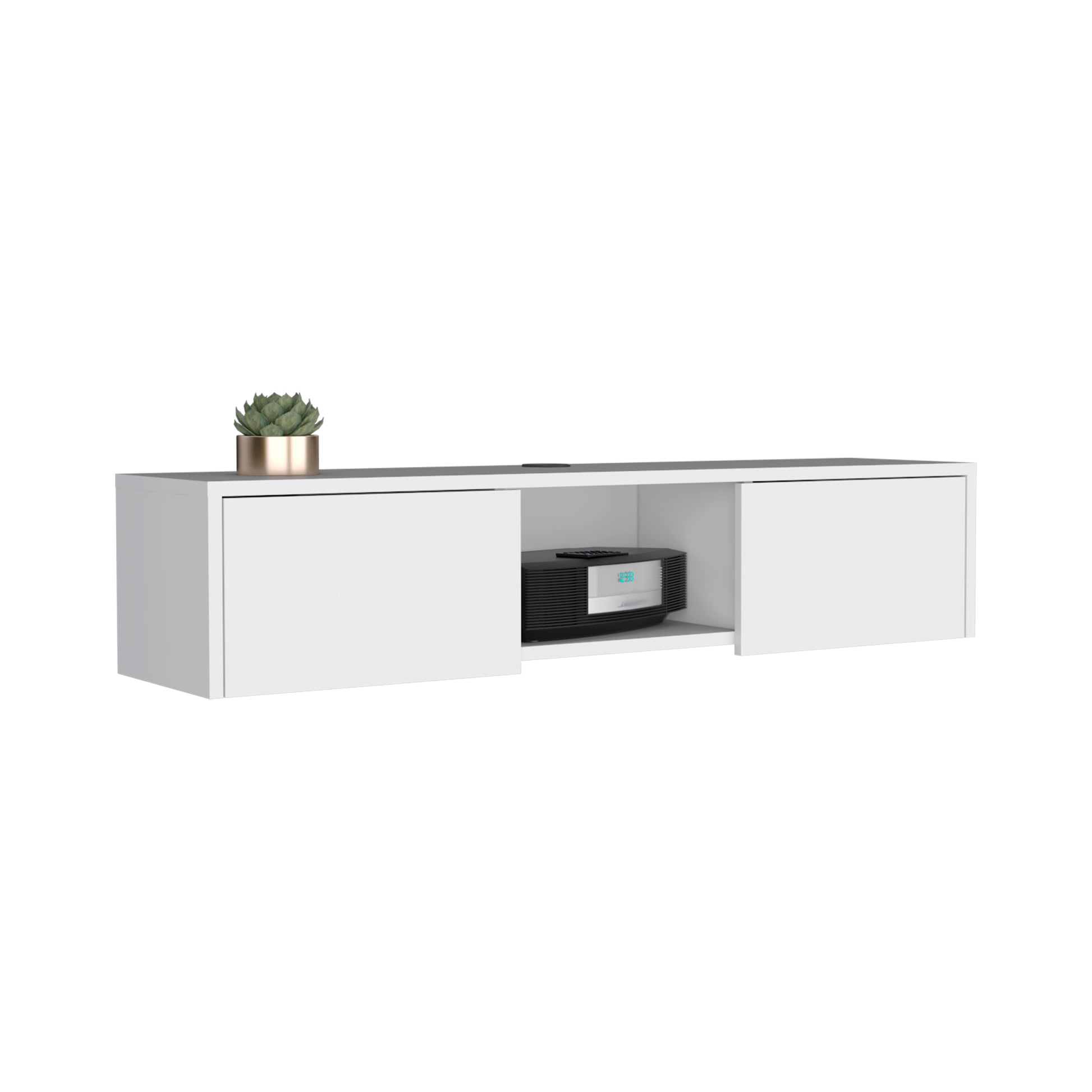 White floating media console with two doors and an open center shelf displaying a black stereo system