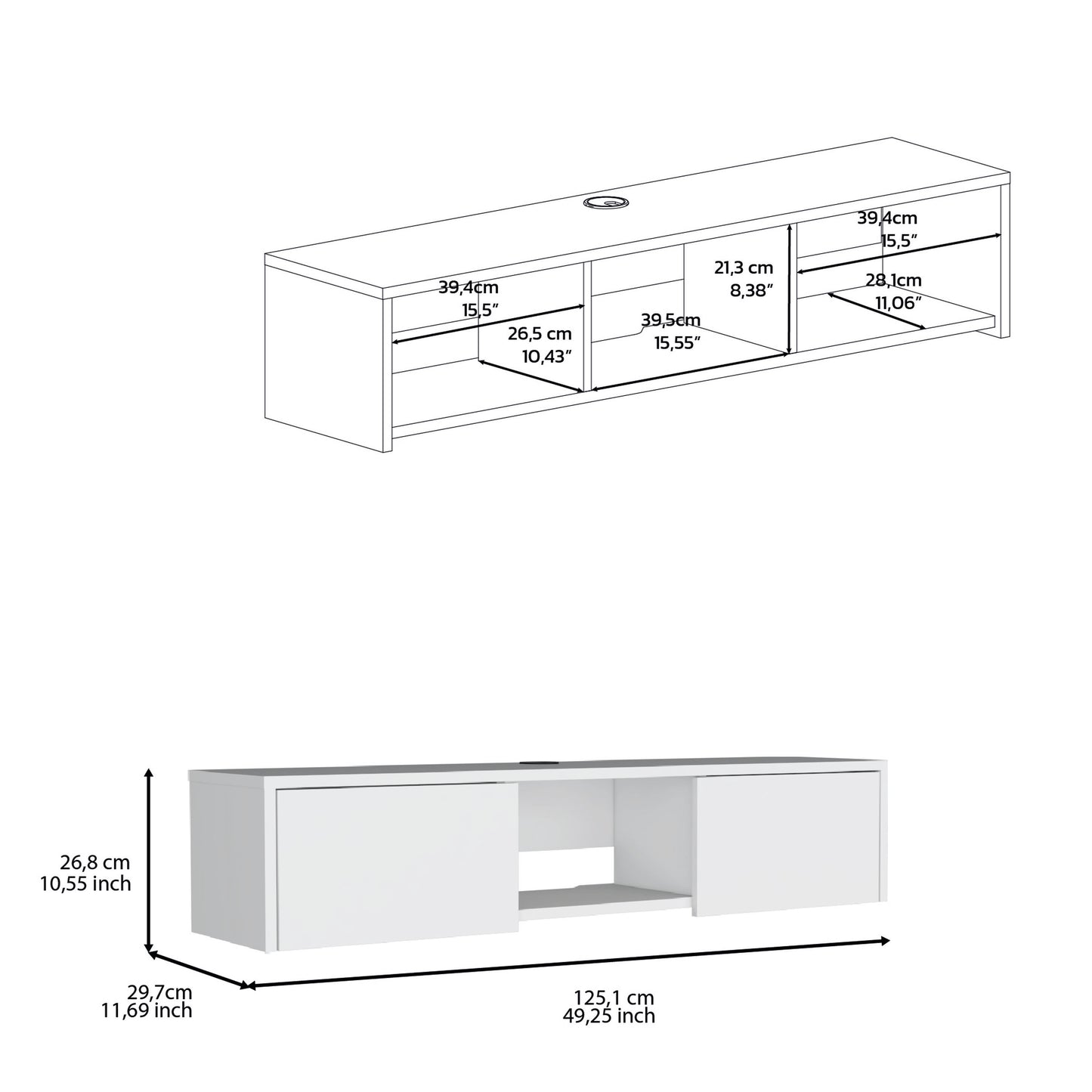 White modern TV stand with two doors and open shelf dimensions shown