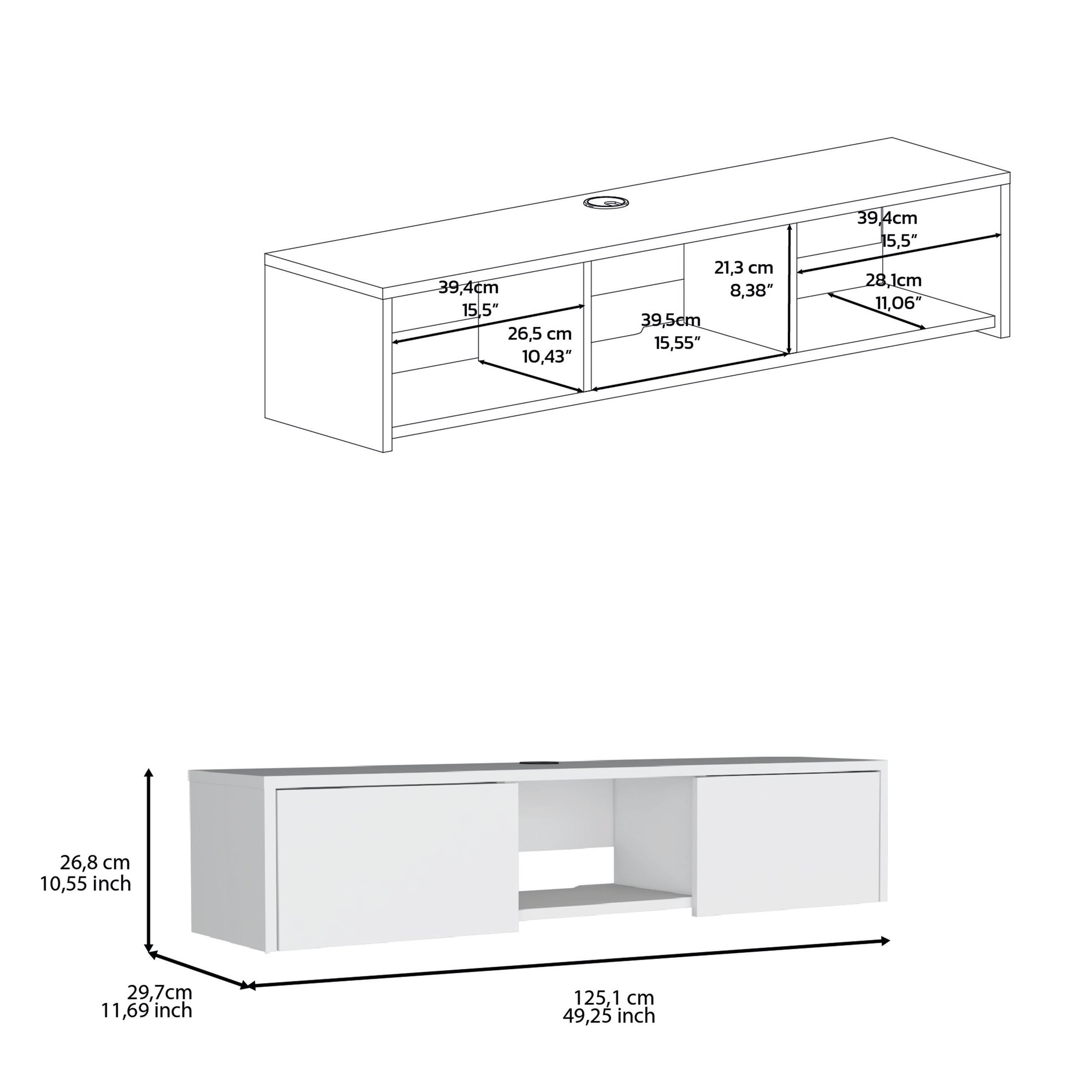 White modern TV stand with two doors and open shelf dimensions shown