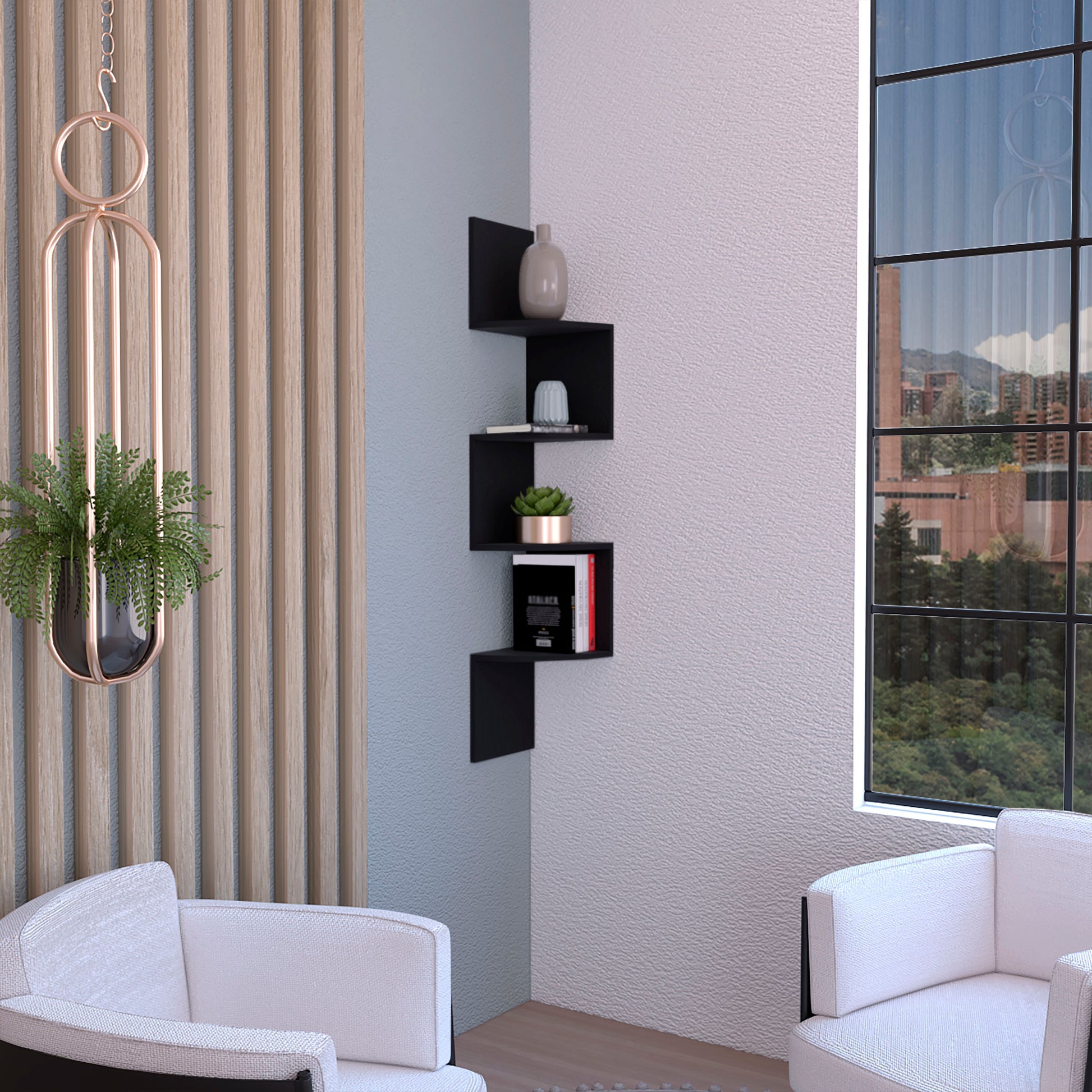 Black modern zigzag wall shelf with books and vase for living room decor