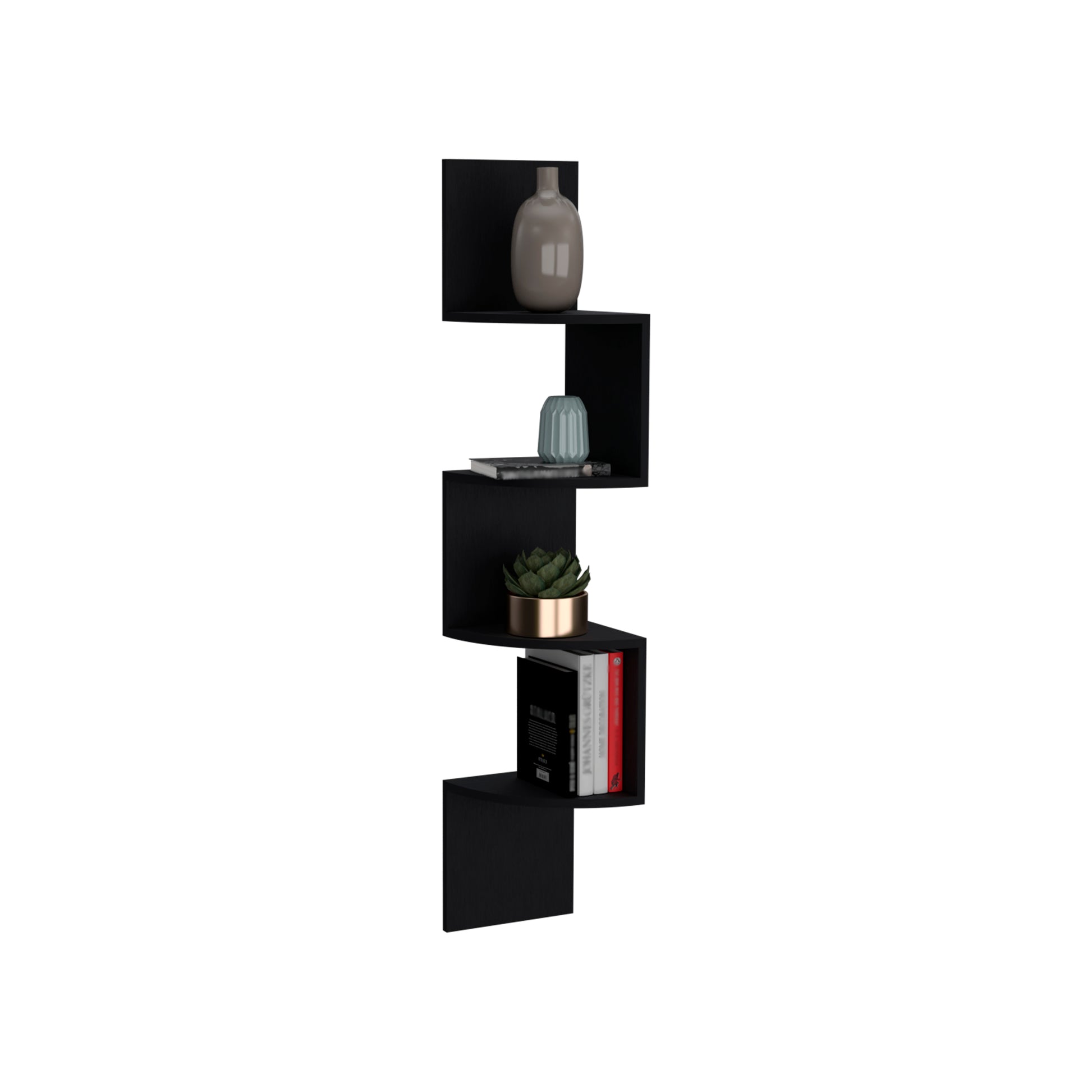 Modern black wall shelf with a zigzag design displaying decorative items