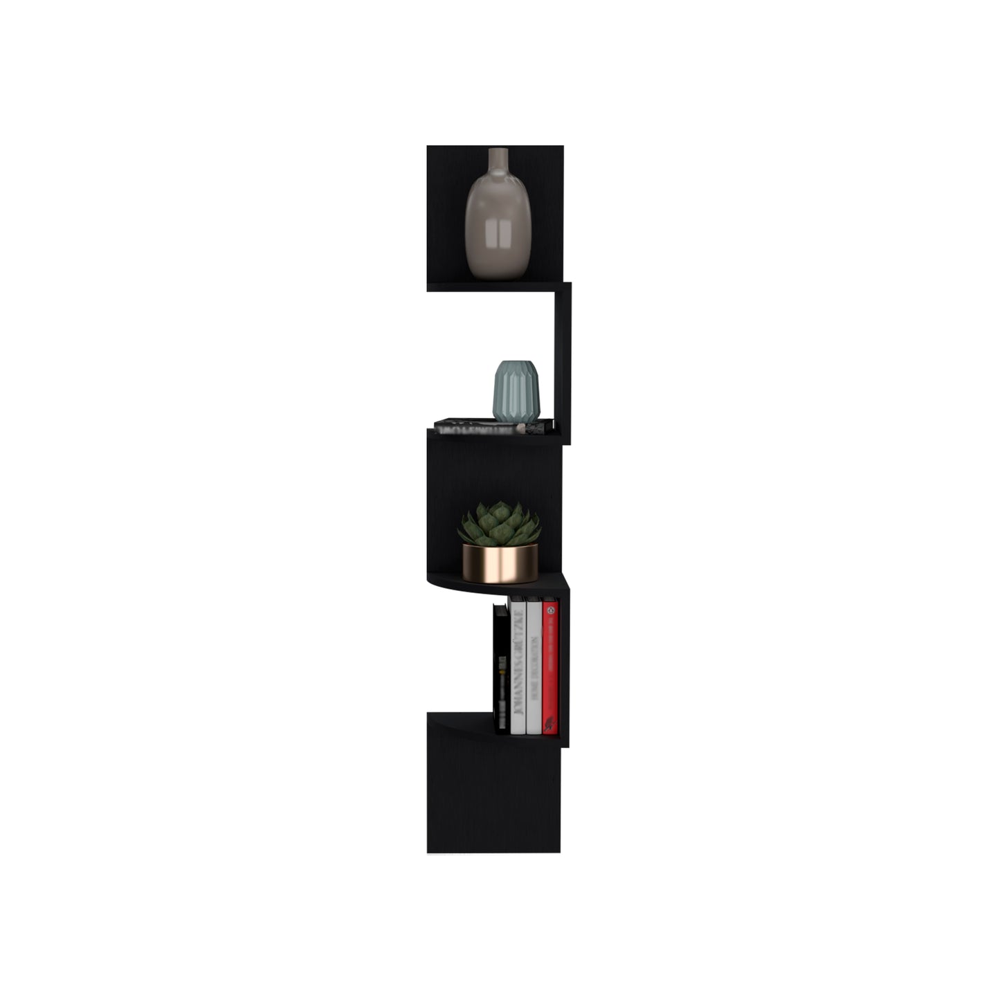 Black staggered wall shelf with a beige vase on top