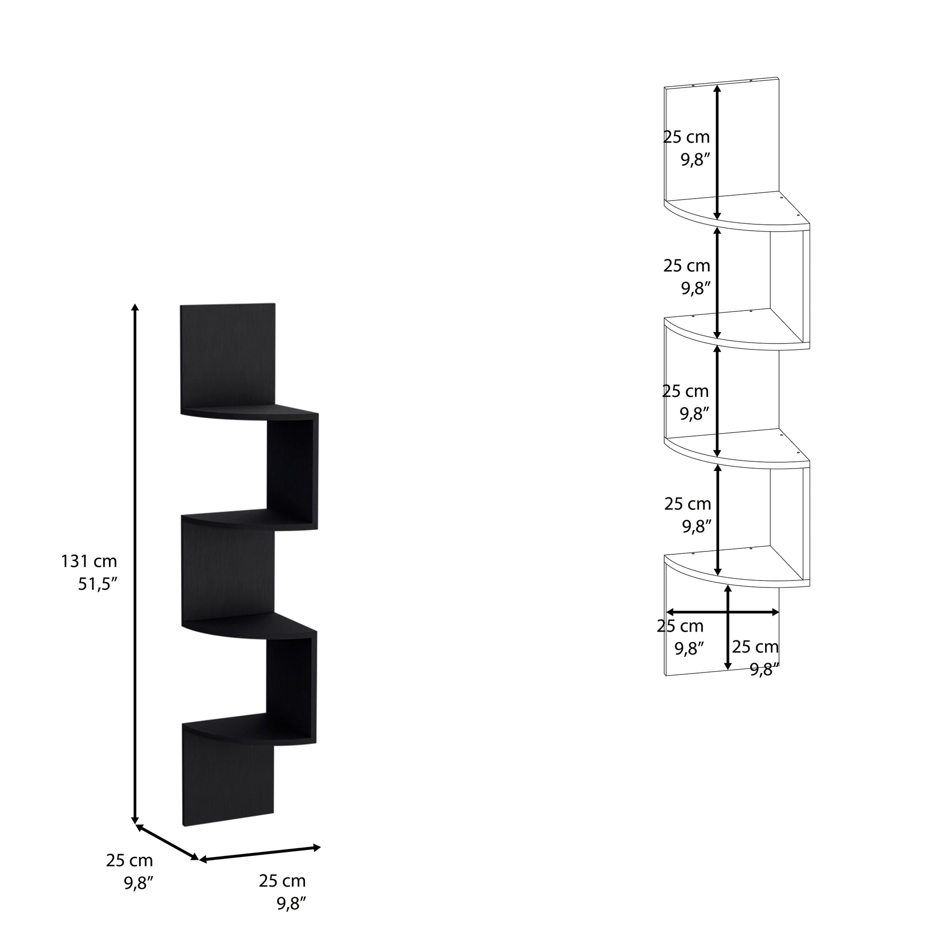 Black tier zigzag corner shelf cm height cm depth