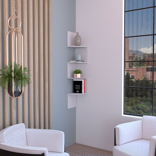 White modern corner shelf with decorative items