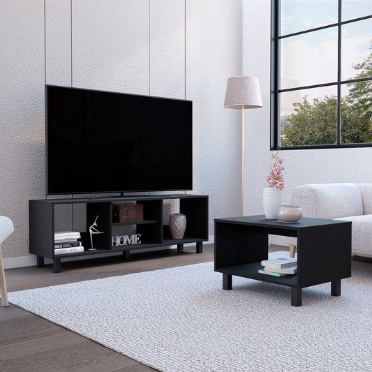 Dark grey modern media console with open shelving and integrated storage for media components