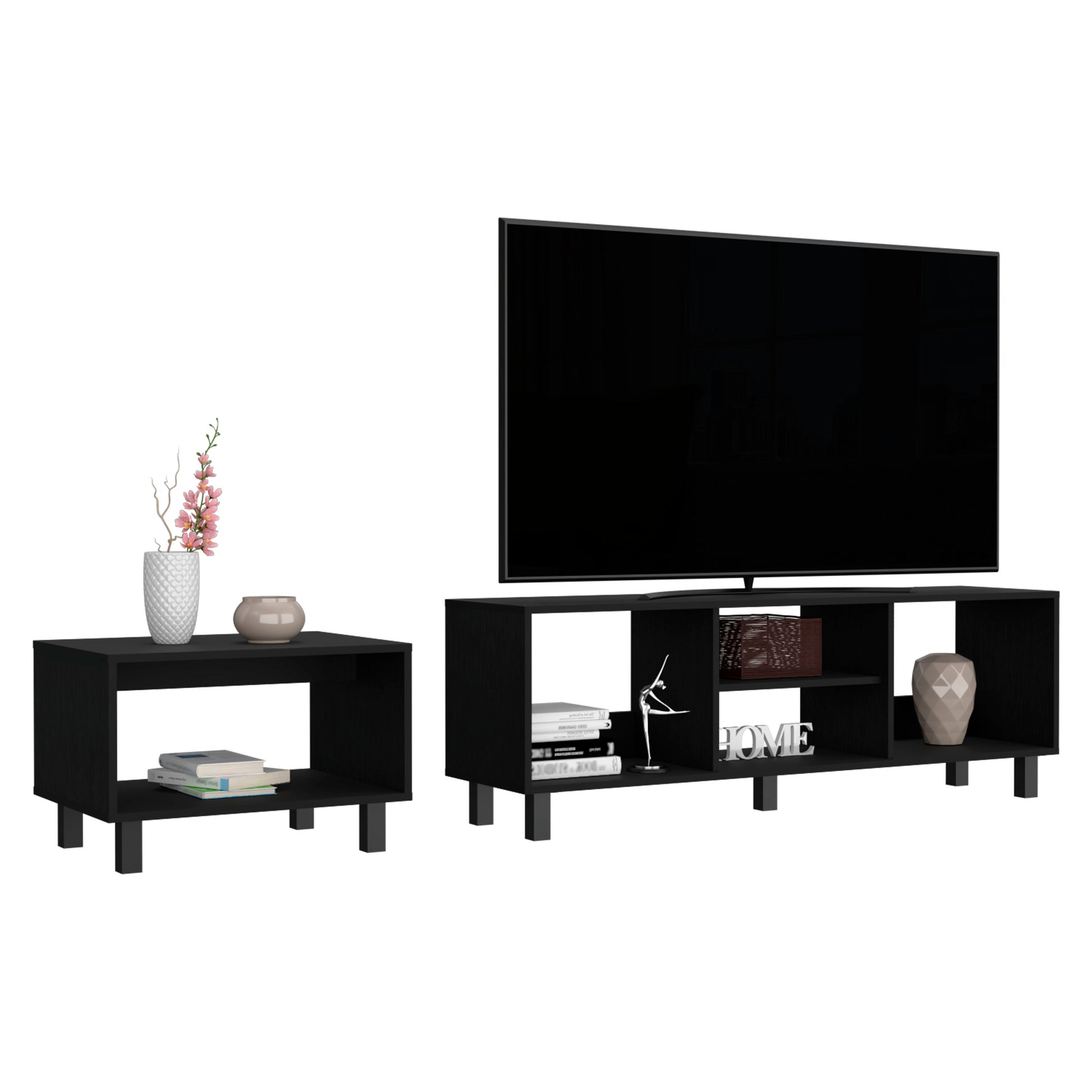 Modern black TV stand with open shelving a sleek design for media rooms