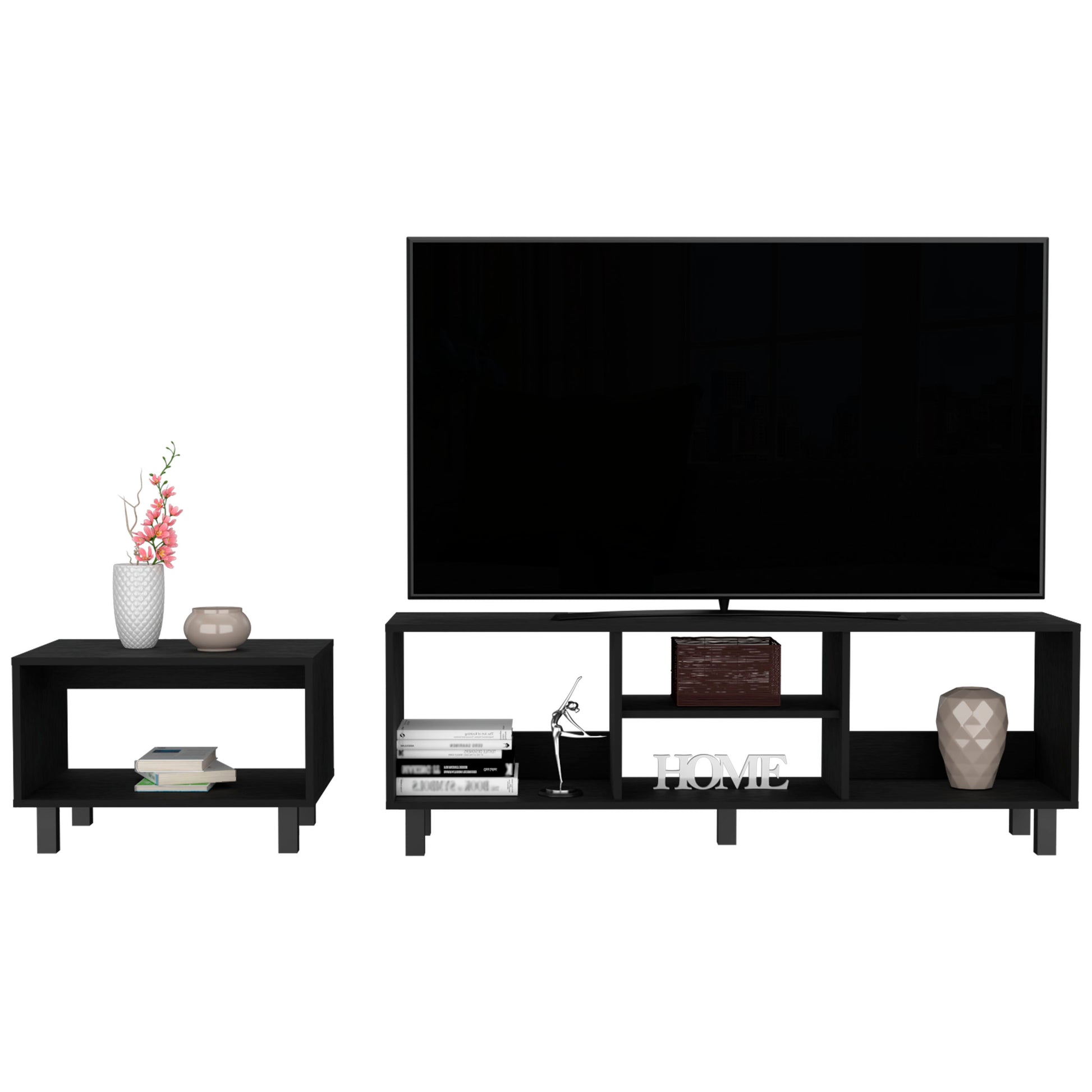 Black modern entertainment center with TV and side table
