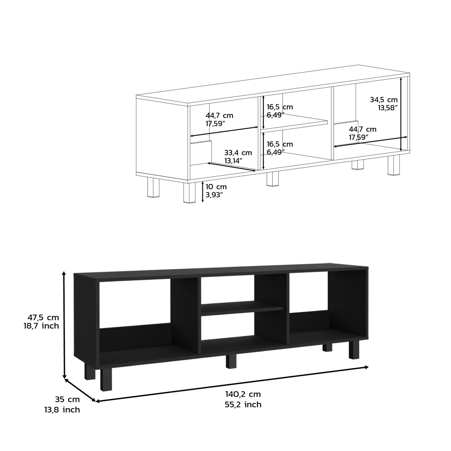 Black modern media console with open shelving and three compartments  cm wide