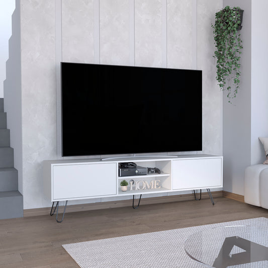 Sleek white media console with metal hairpin legs perfect for modern living rooms