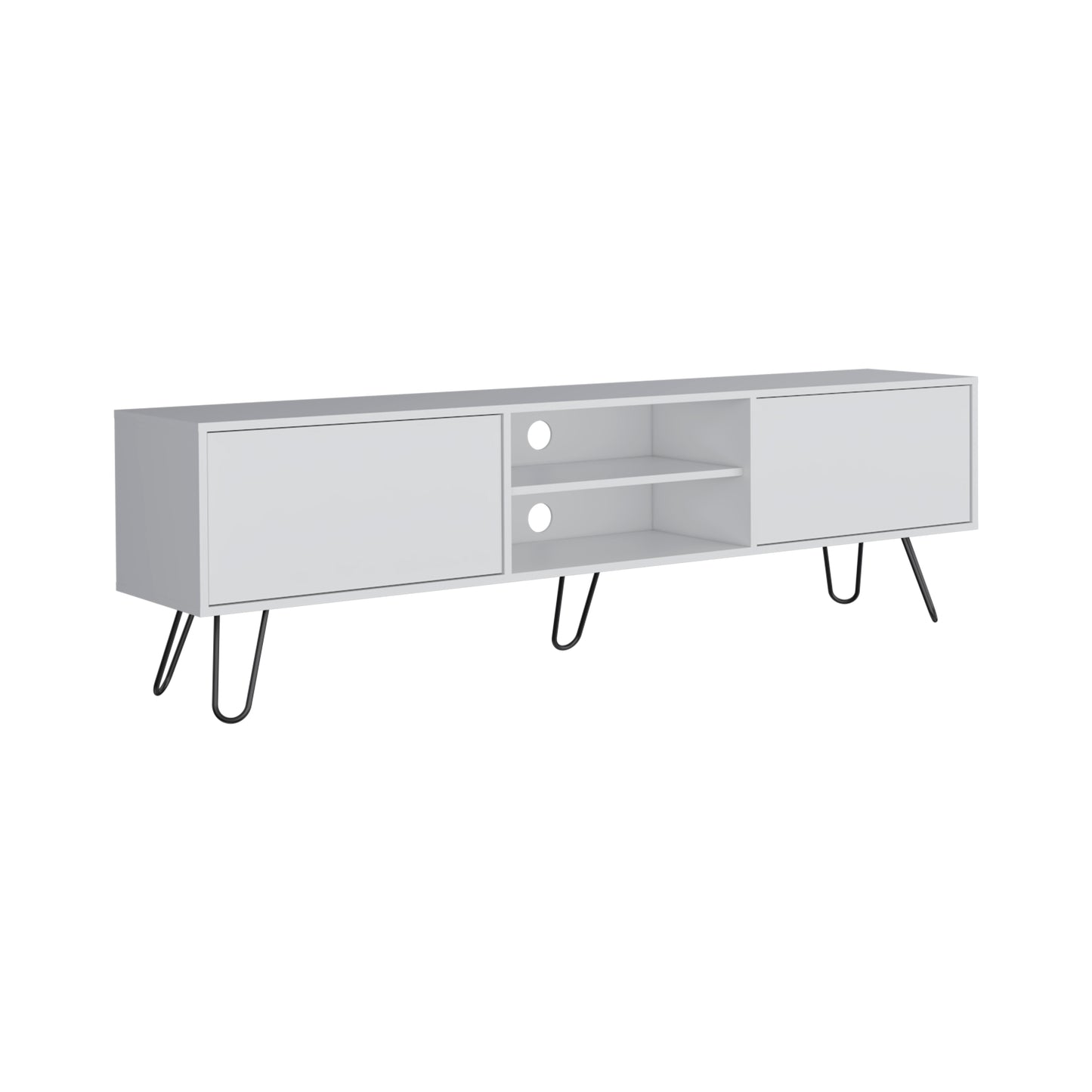 White modern media console with two cabinets and open shelving on hairpin legs