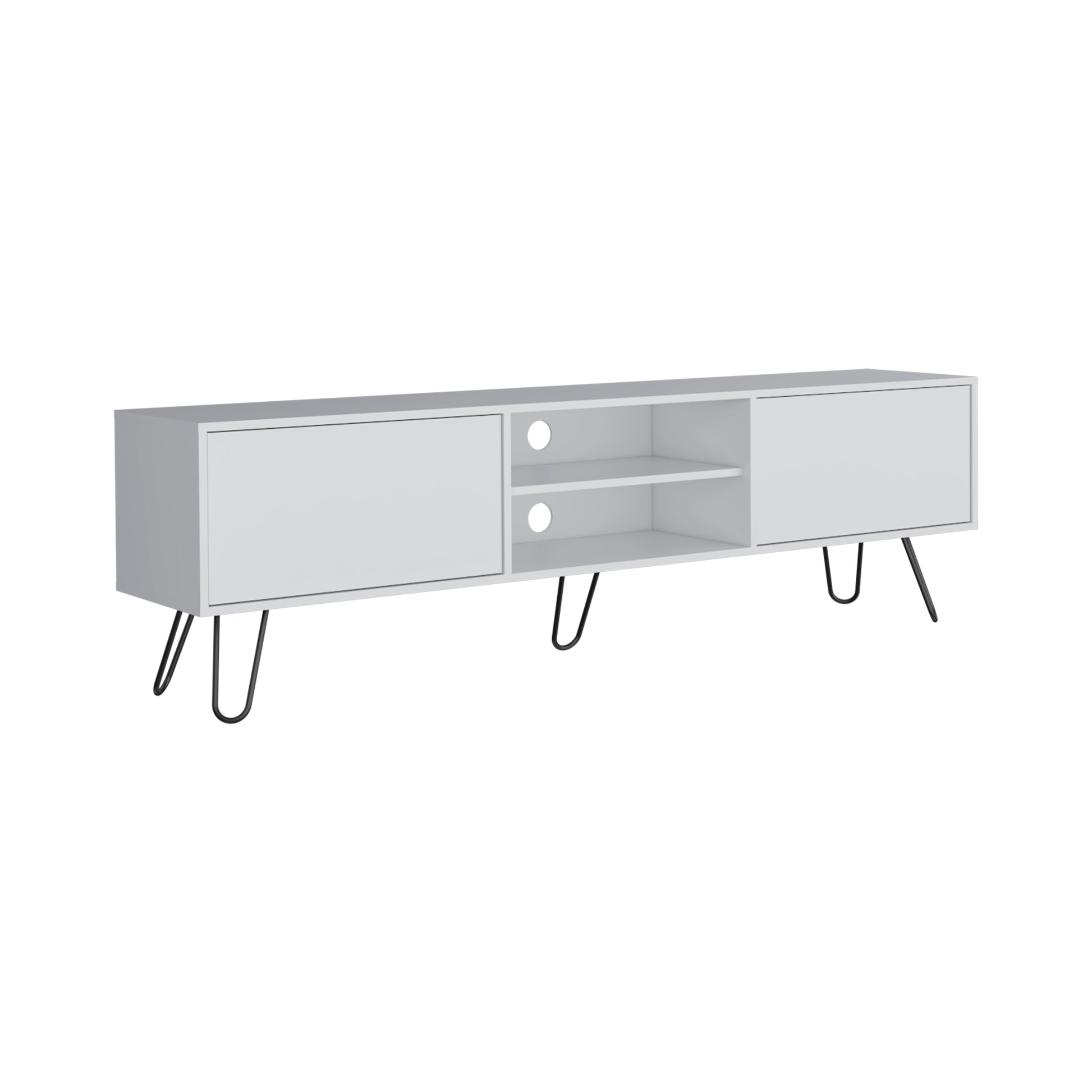 White modern media console with two cabinets and open shelving on hairpin legs