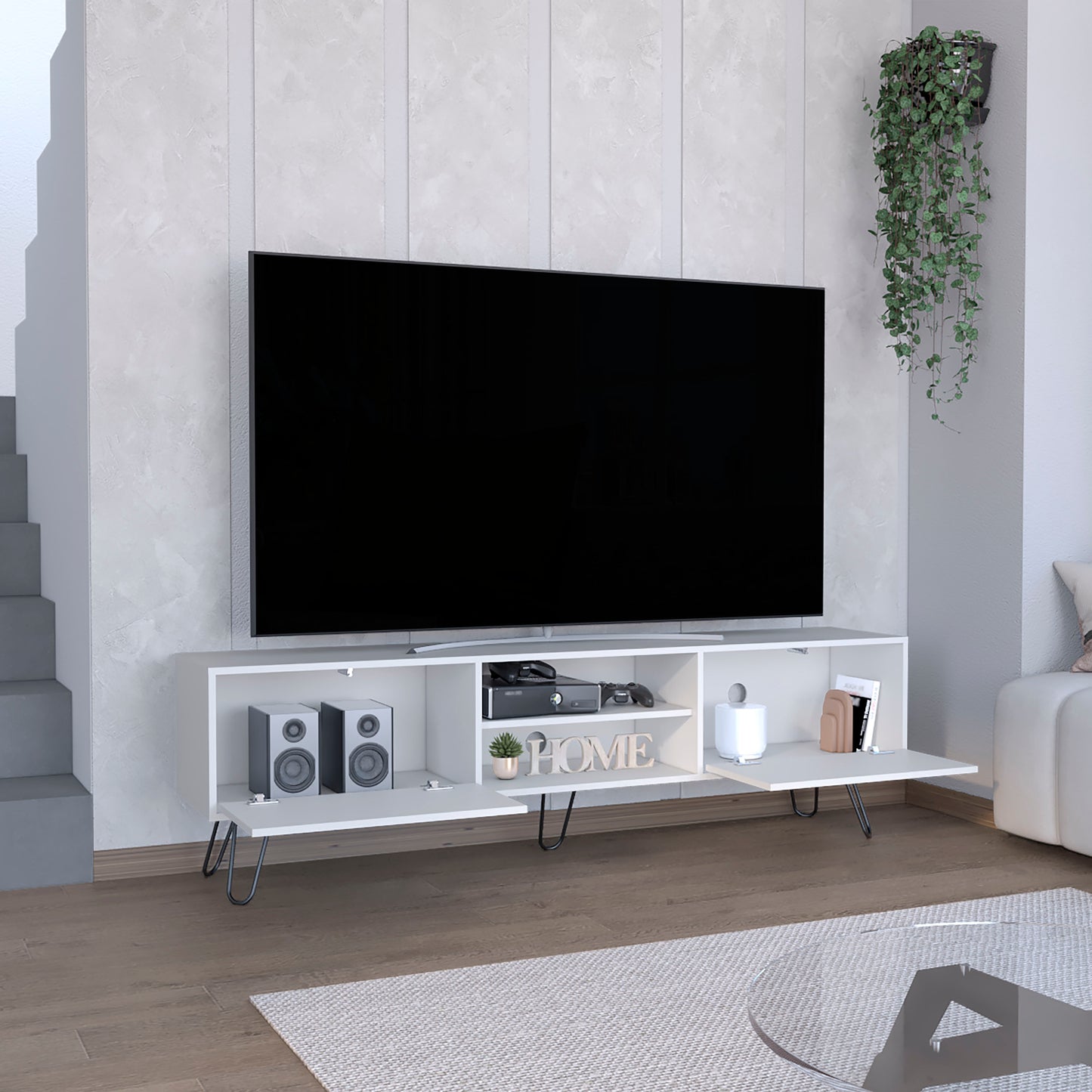 Modern white TV stand with open shelving and two doors designed for media consoles