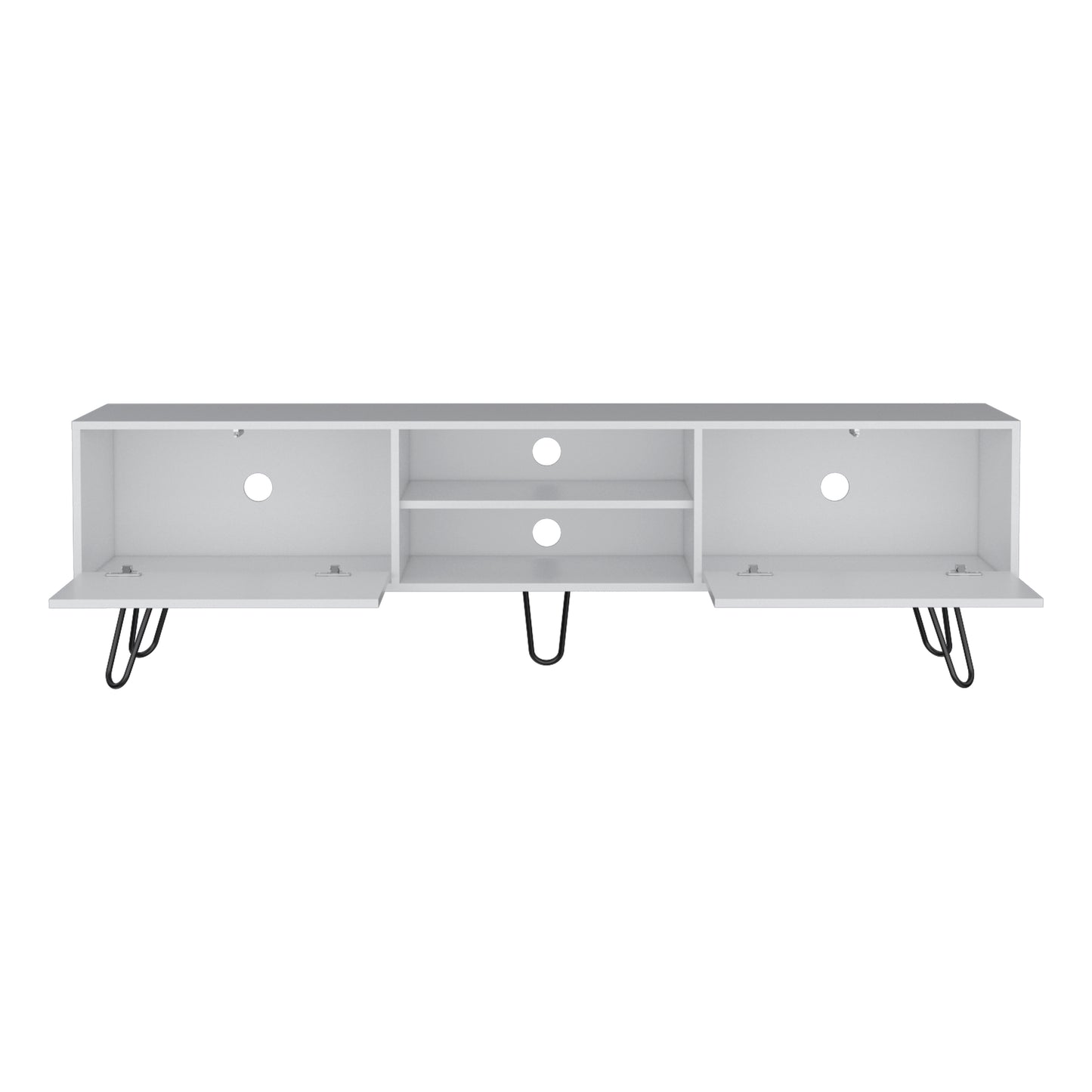 White media console with two open shelves and two closed compartments on hairpin legs