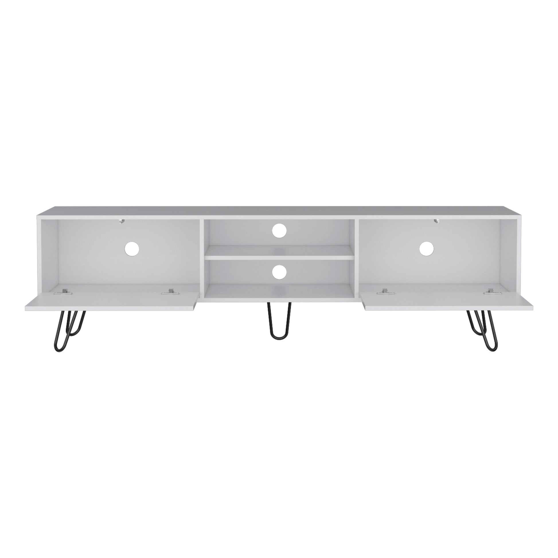 White media console with two open shelves and two closed compartments on hairpin legs