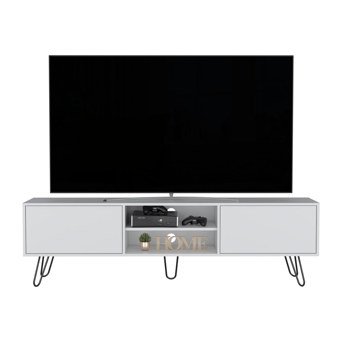 Modern white TV stand with black hairpin legs and two cabinets