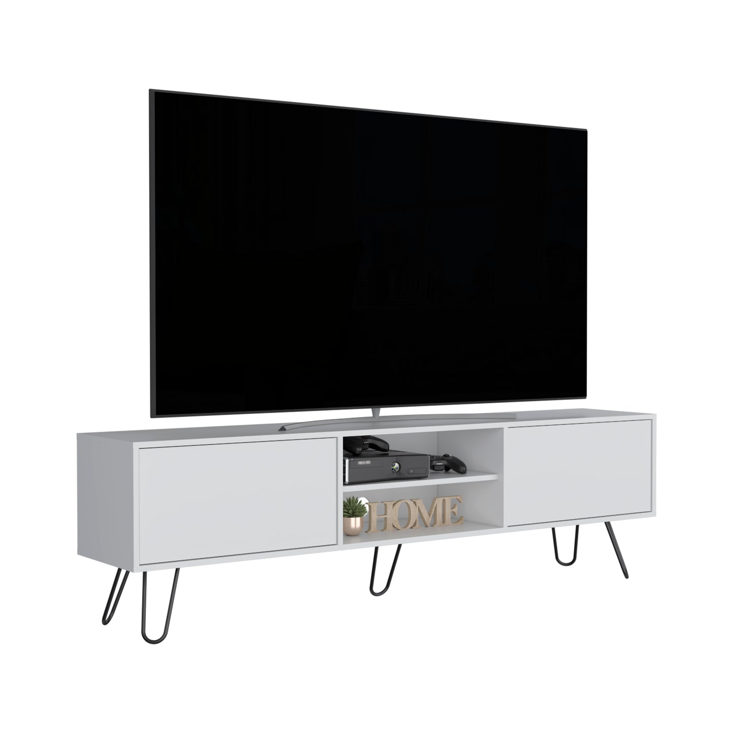 White modern media console with hairpin legs and open shelving