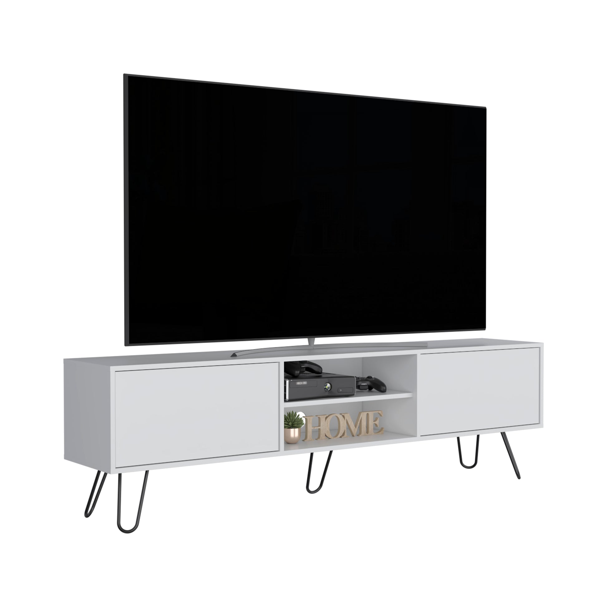 White modern media console with hairpin legs and open shelving