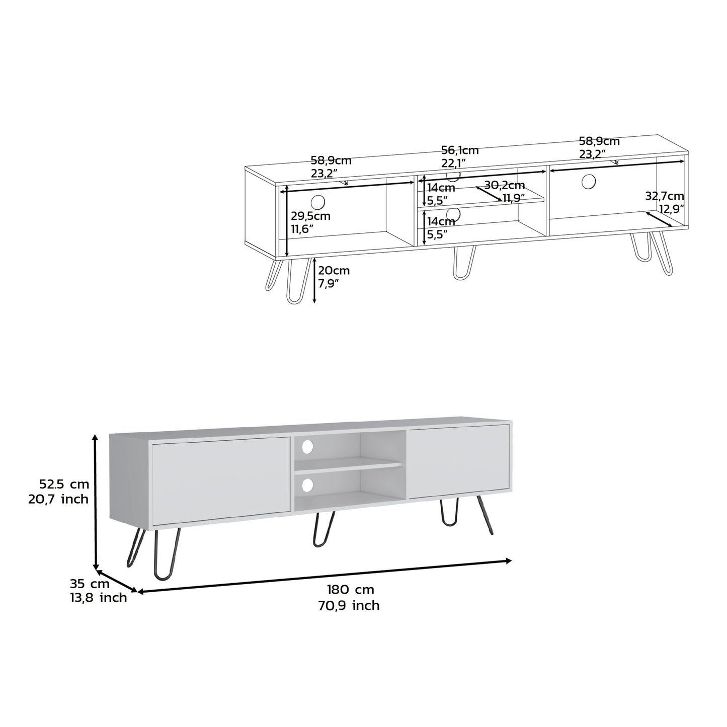 White modern media console with open shelves and dual cabinet doors on hairpin legs