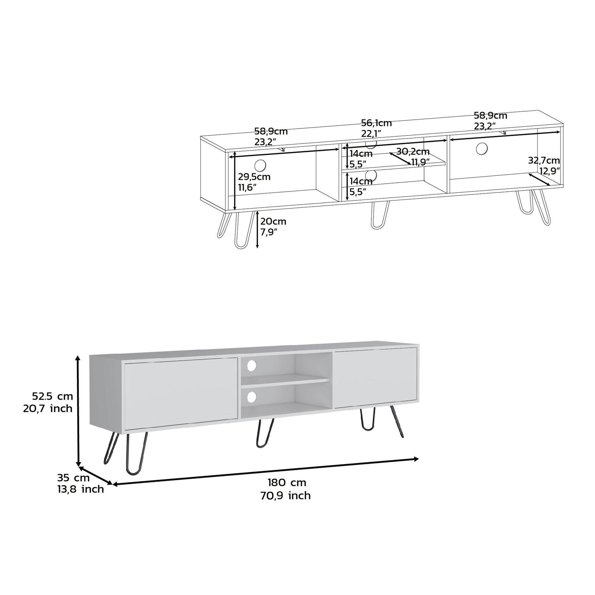 White modern media console with open shelves and dual cabinet doors on hairpin legs