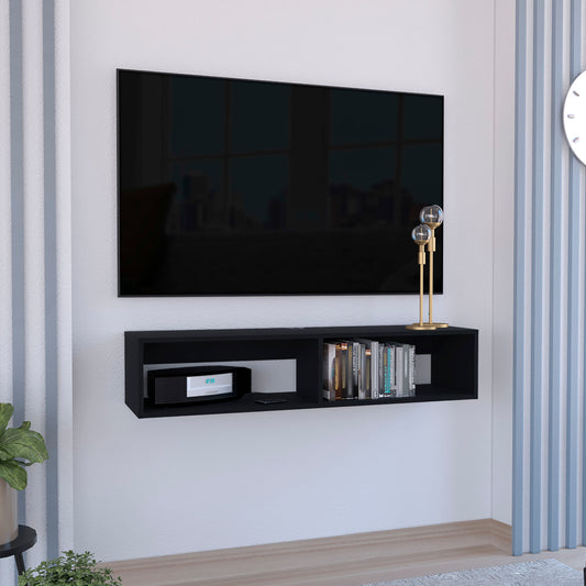Sleek black floating TV stand holding media console and books enhancing living room