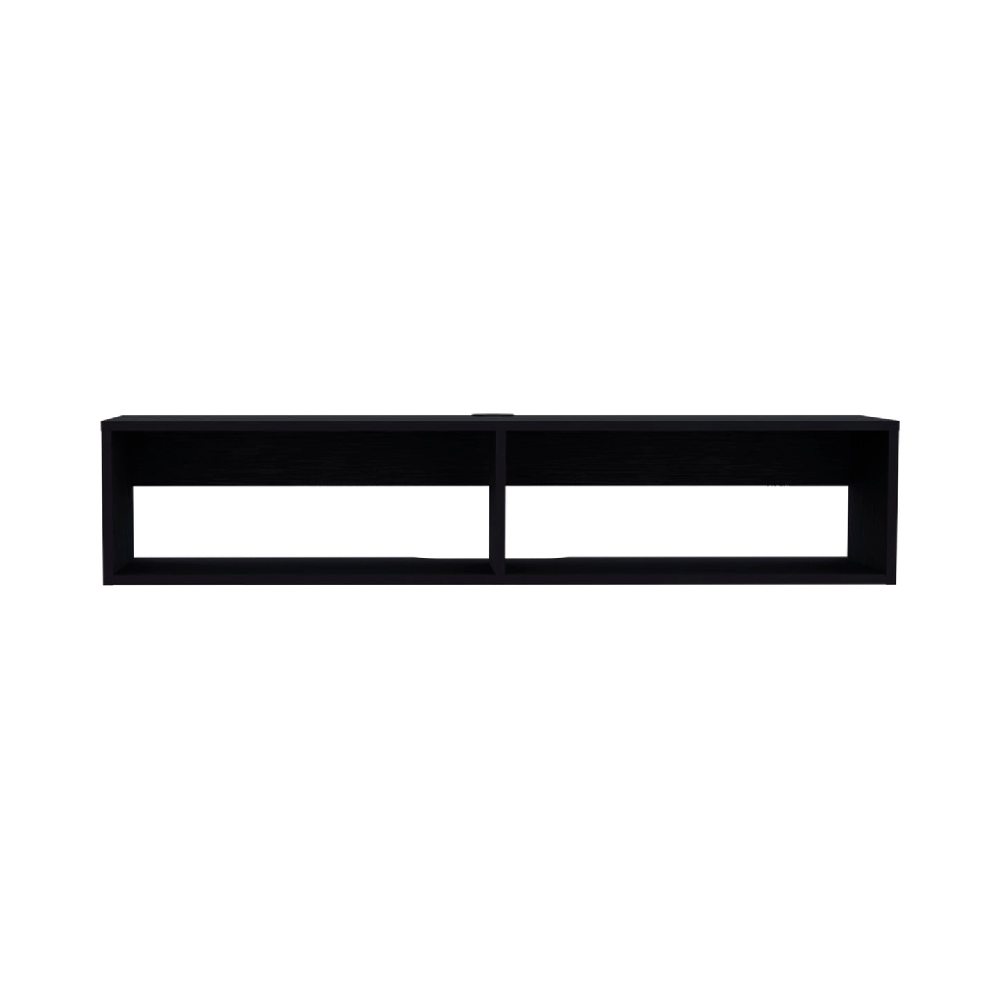 Black modern media console with two open compartments for electronics and decor
