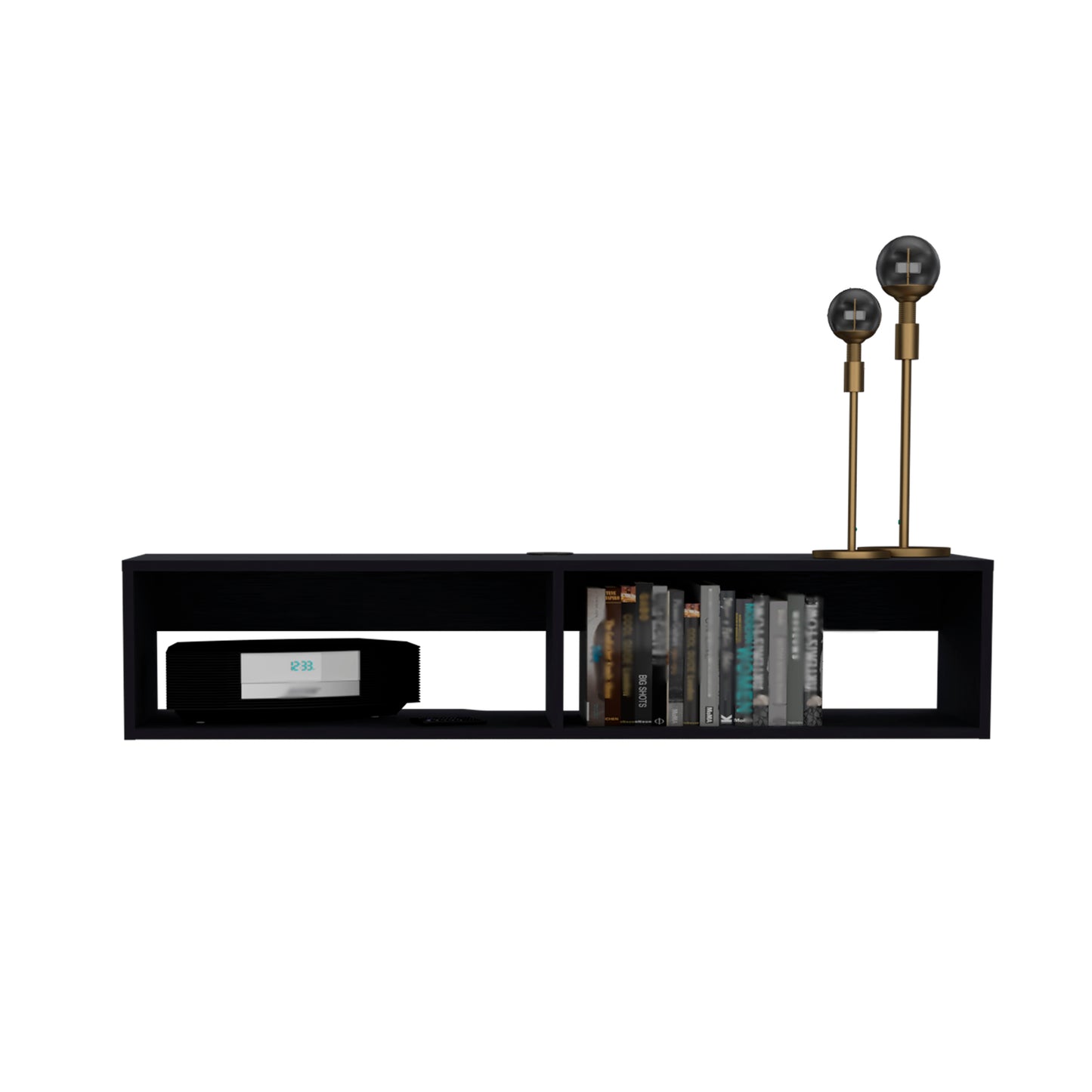 Black media console with digital display device and books